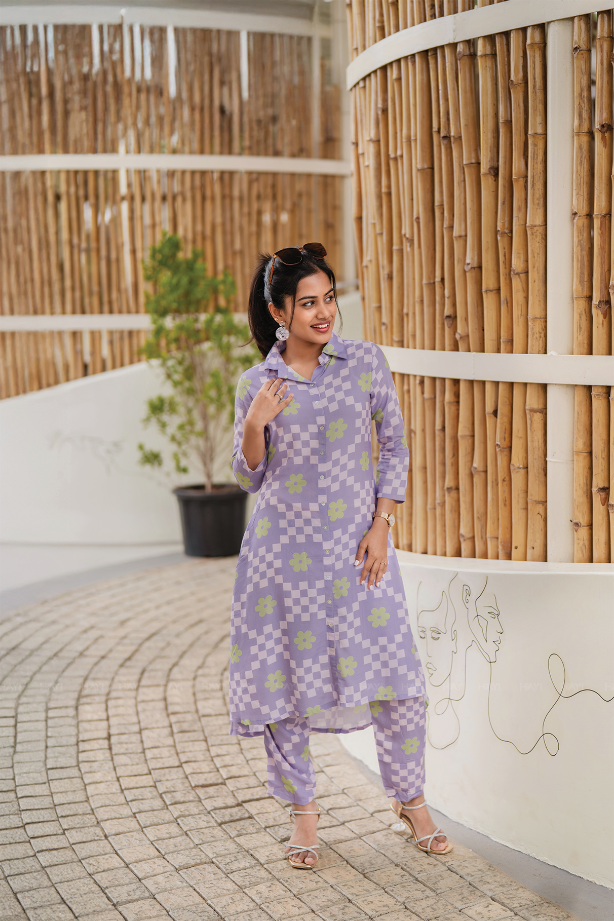 Soft Loop Lavender Viscose Co-ord with Shirt Collar Neck & 3/4th Sleeves