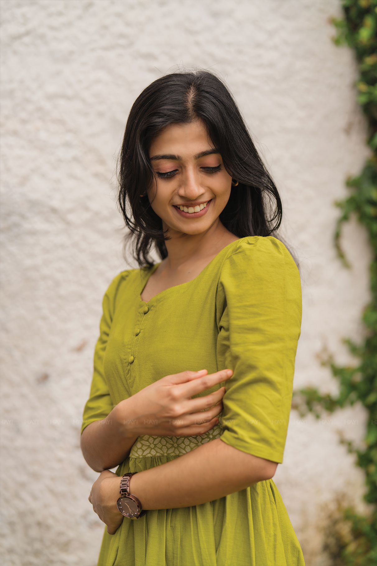 Sage Drape Green Handloom Dress with Sweetheart Neck & Leg-O-Mutton Sleeves