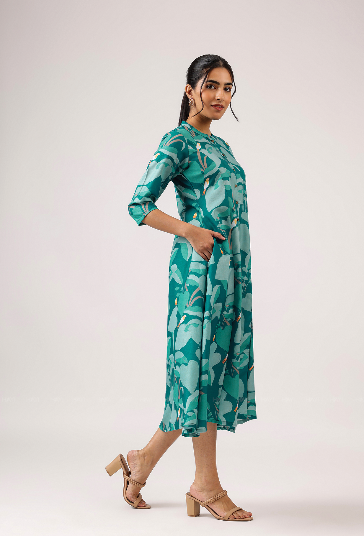 Mosaic Green with Dreamy Forest printed Linen Blend A-line Dress