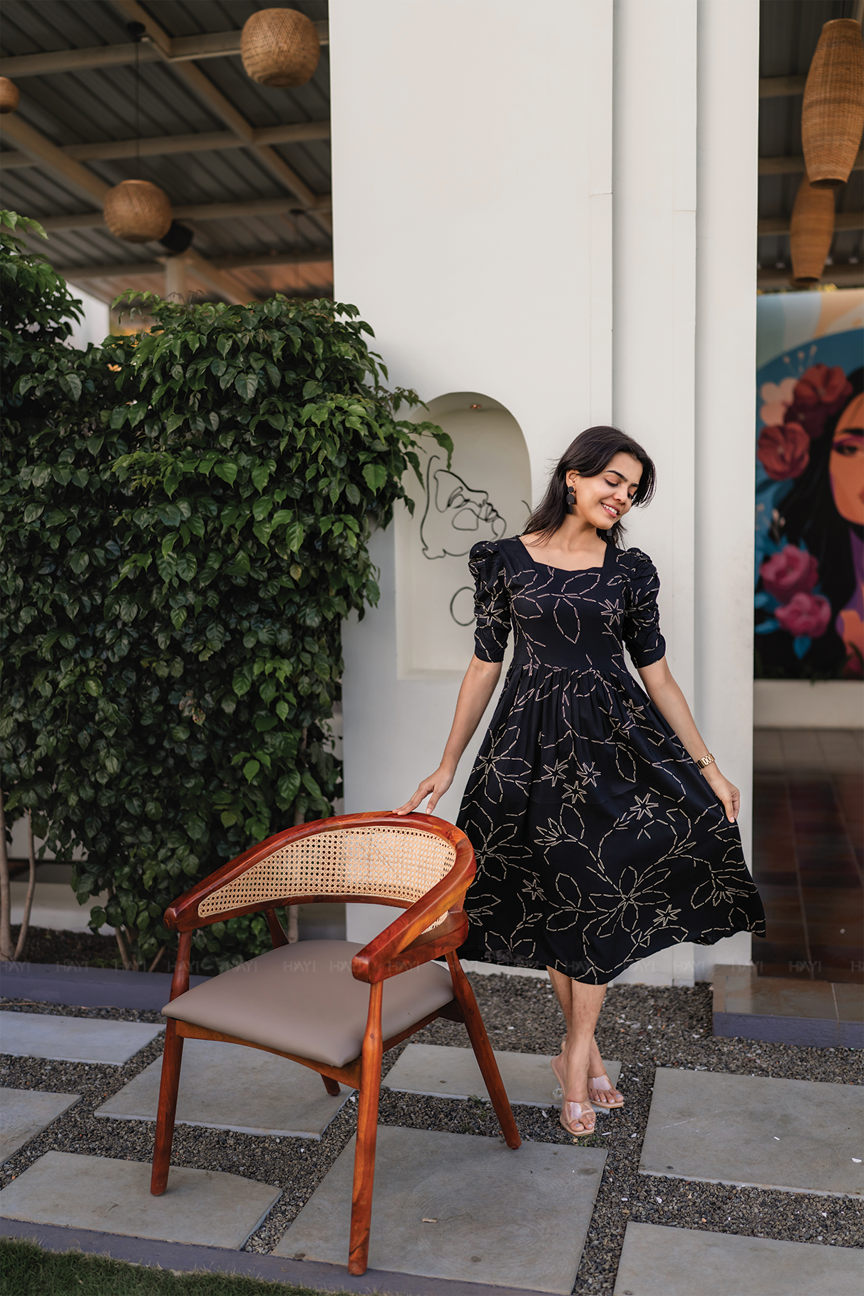 Night Fable Black Viscose Dress with Sweetheart neck & Ruched Sleeves