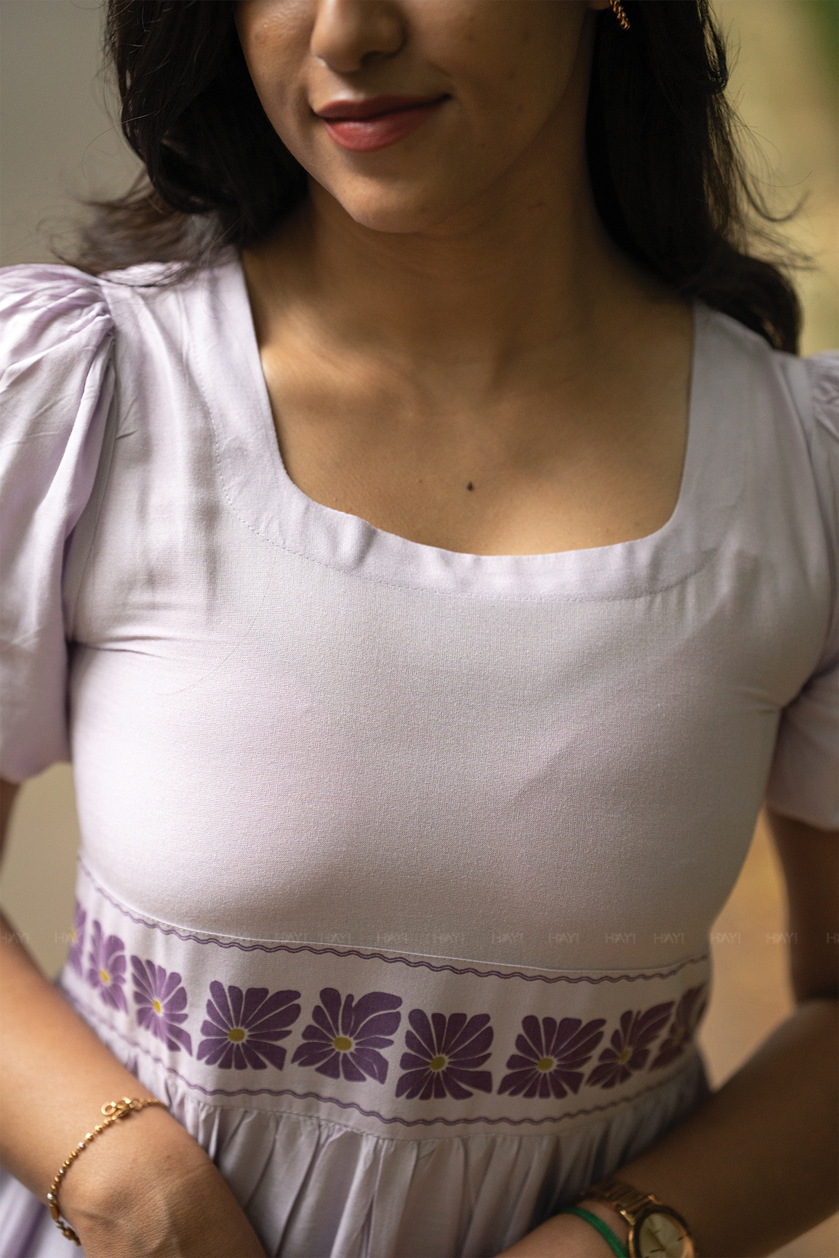 Floral Flow Lavender Viscose Dress with Square Neckline & Puff Sleeves