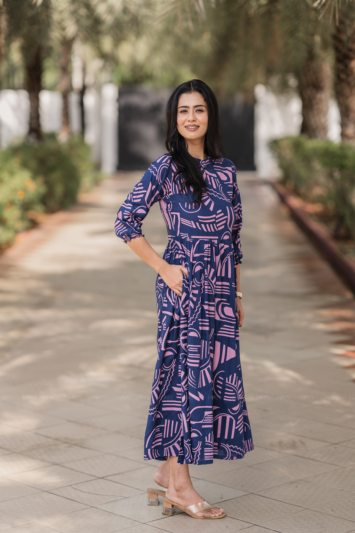 Geometric Whispers Blue Viscose Dress with Keyhole