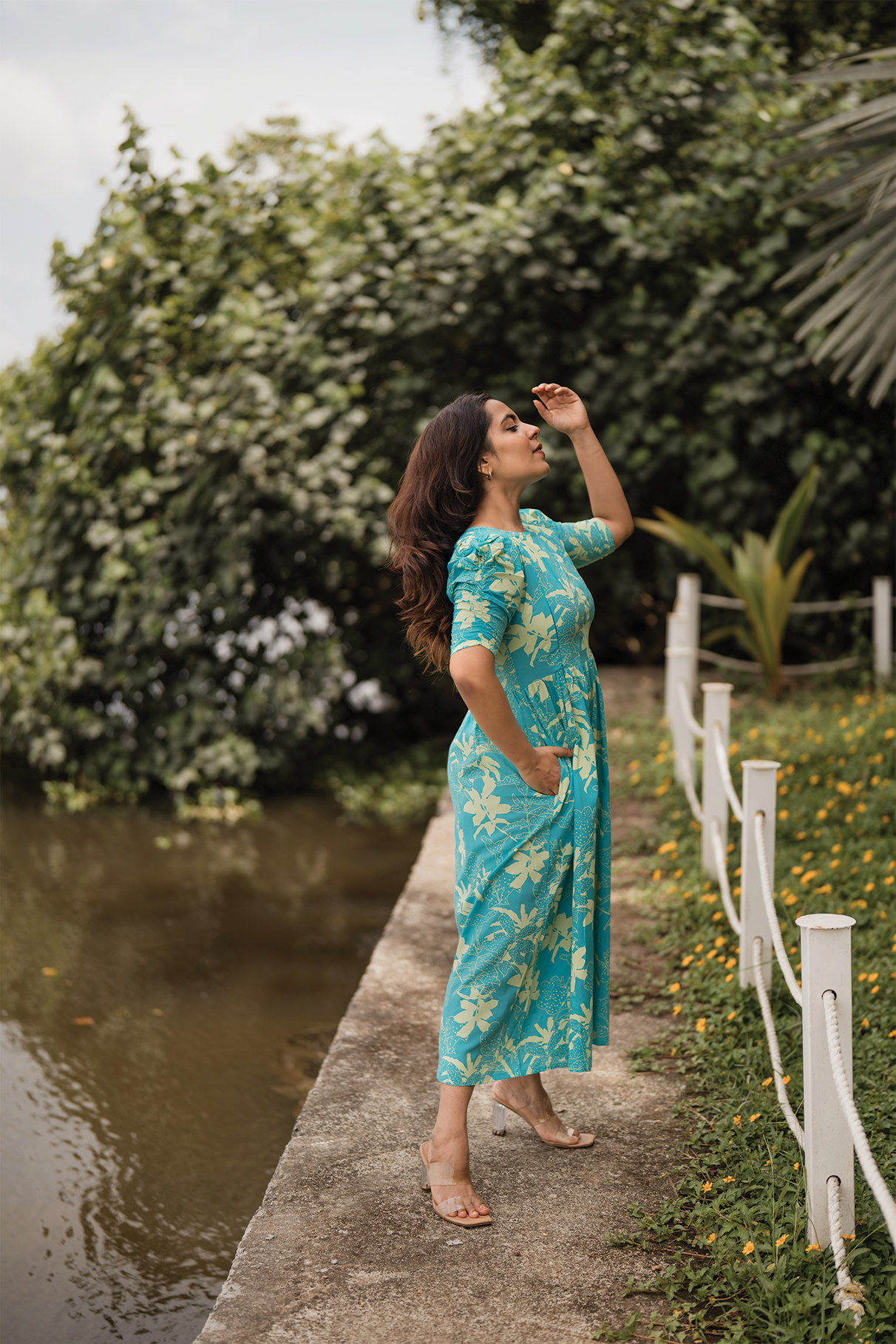 Maze Blue with Flourish Bloom floral printed Maternity and Feeding Viscose Dress