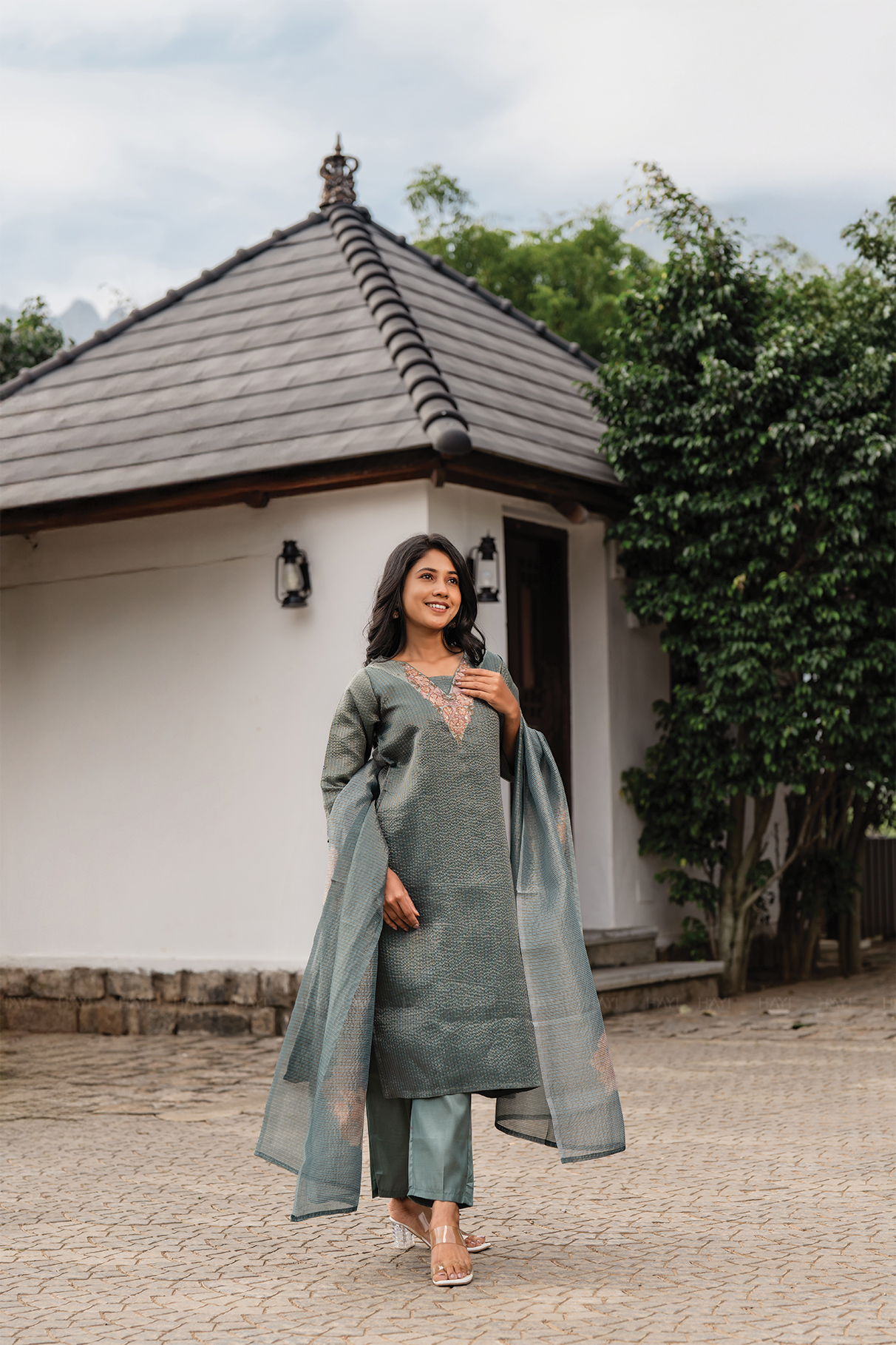 Green Mist 3 Piece Crush Silk Blend Floral Hand-Embroidered Kurta with Pant & Dupatta