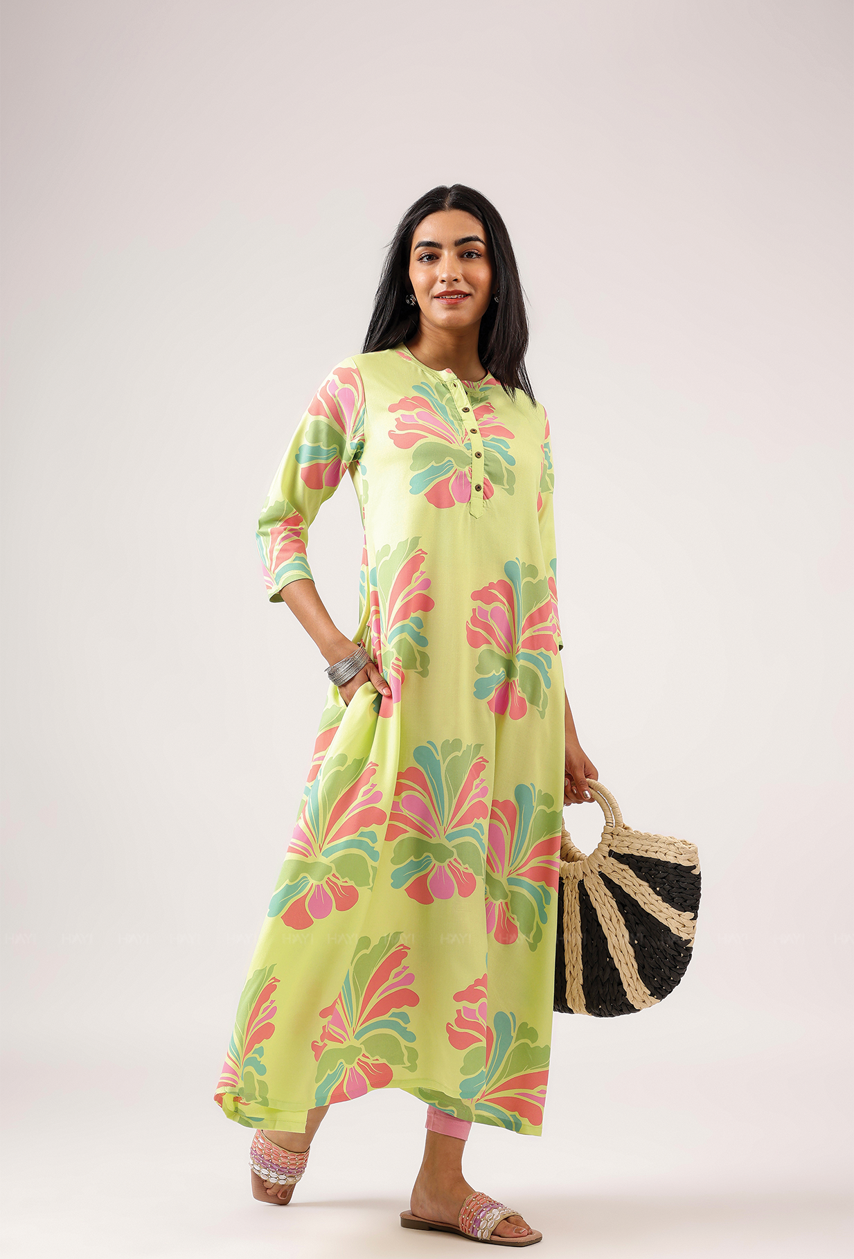 Gentle Lime with Blush Breeze printed Viscose A-line Dress
