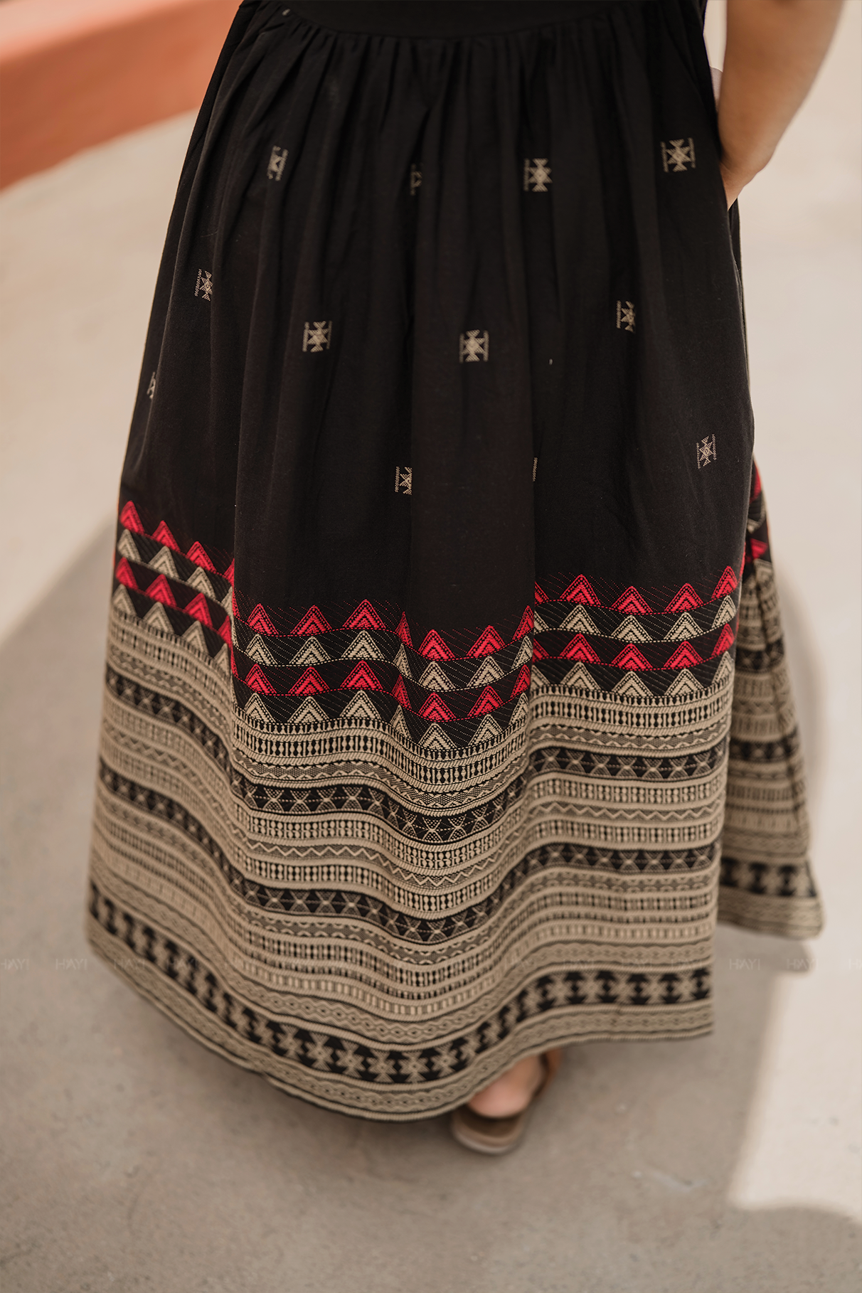 Starlight Black Handloom Dress with Sweetheart Neck & Leg-O-Mutton Sleeves