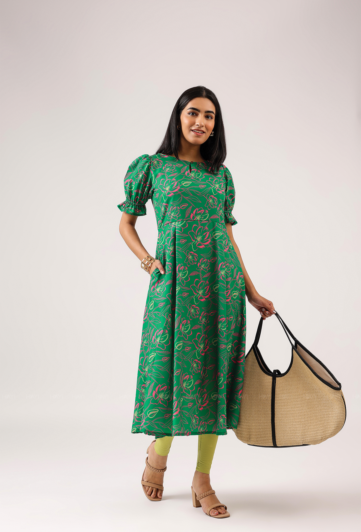 Ornate Green with Luminous Glimmer printed Cambric Blend Dress
