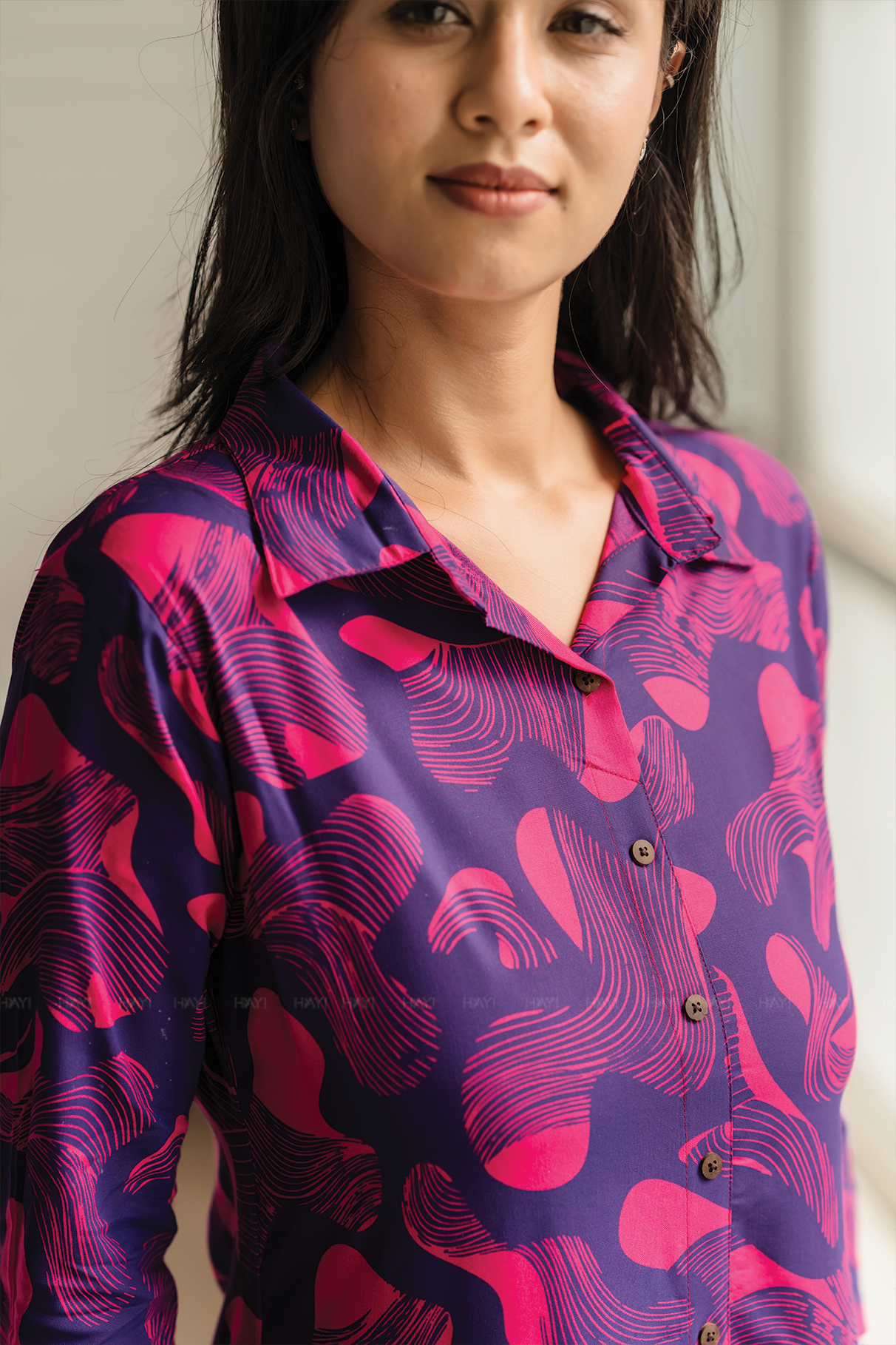 Mystic Swirl Violet Viscose Co-ord with Shirt Collar & Print