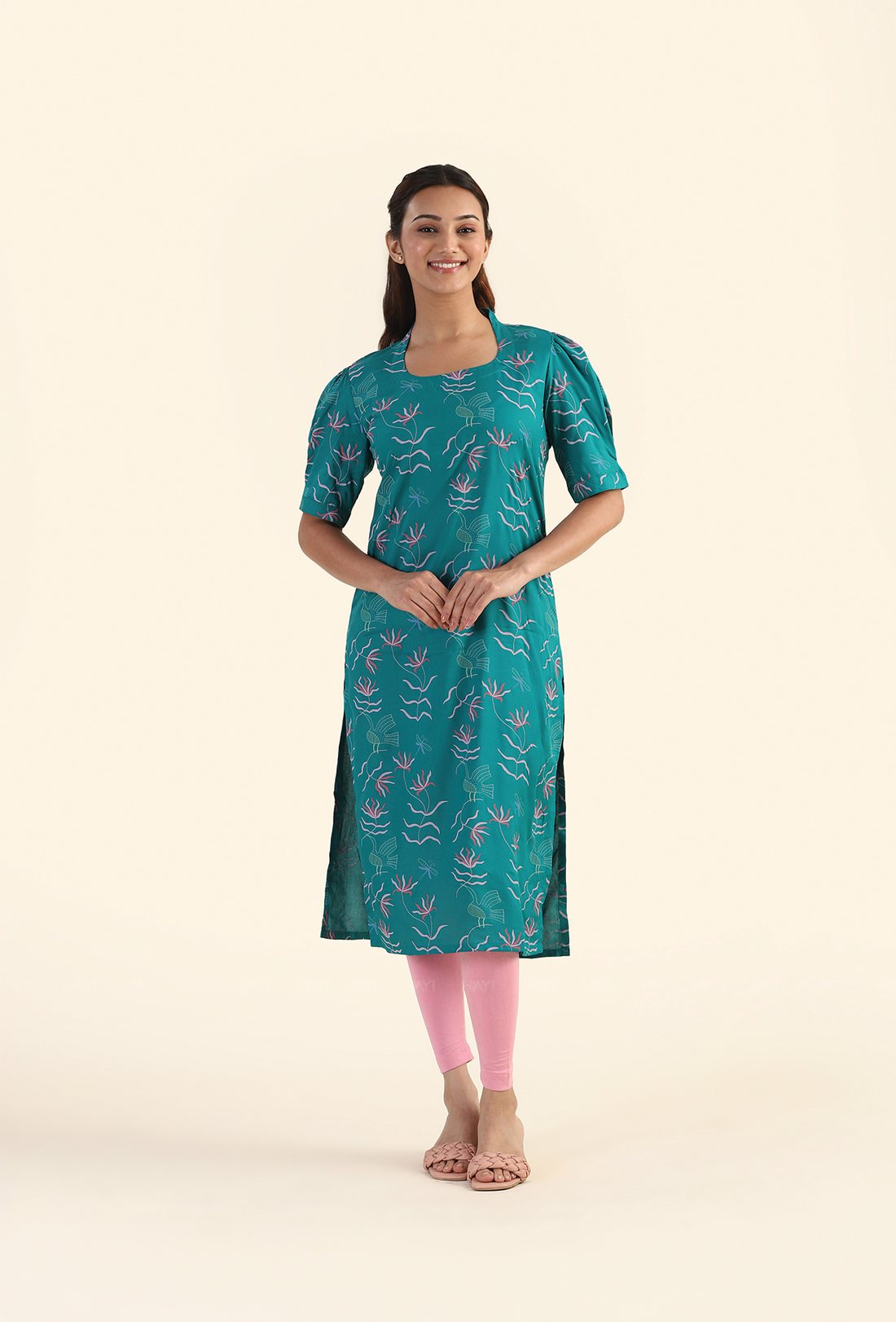 Botanical Teal Moss & Roses Viscose Kurta