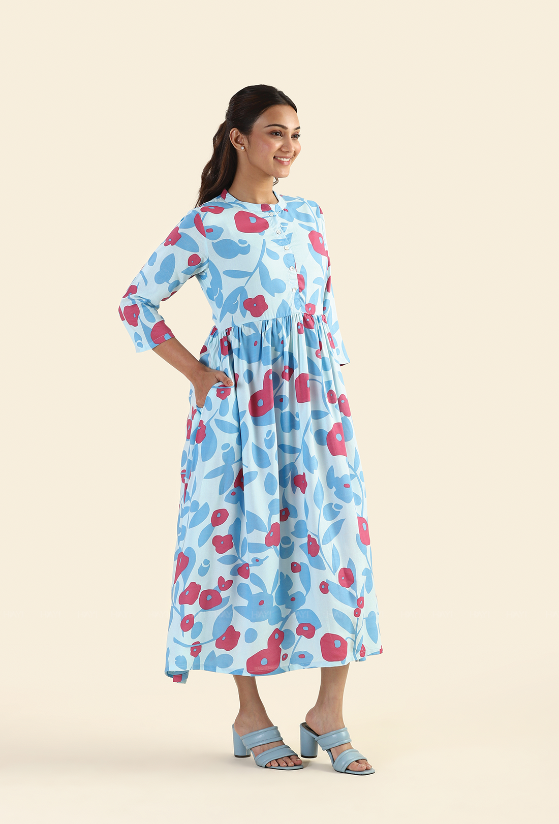 Shuttered Blue Fragmented Flowers Printed Viscose Dress