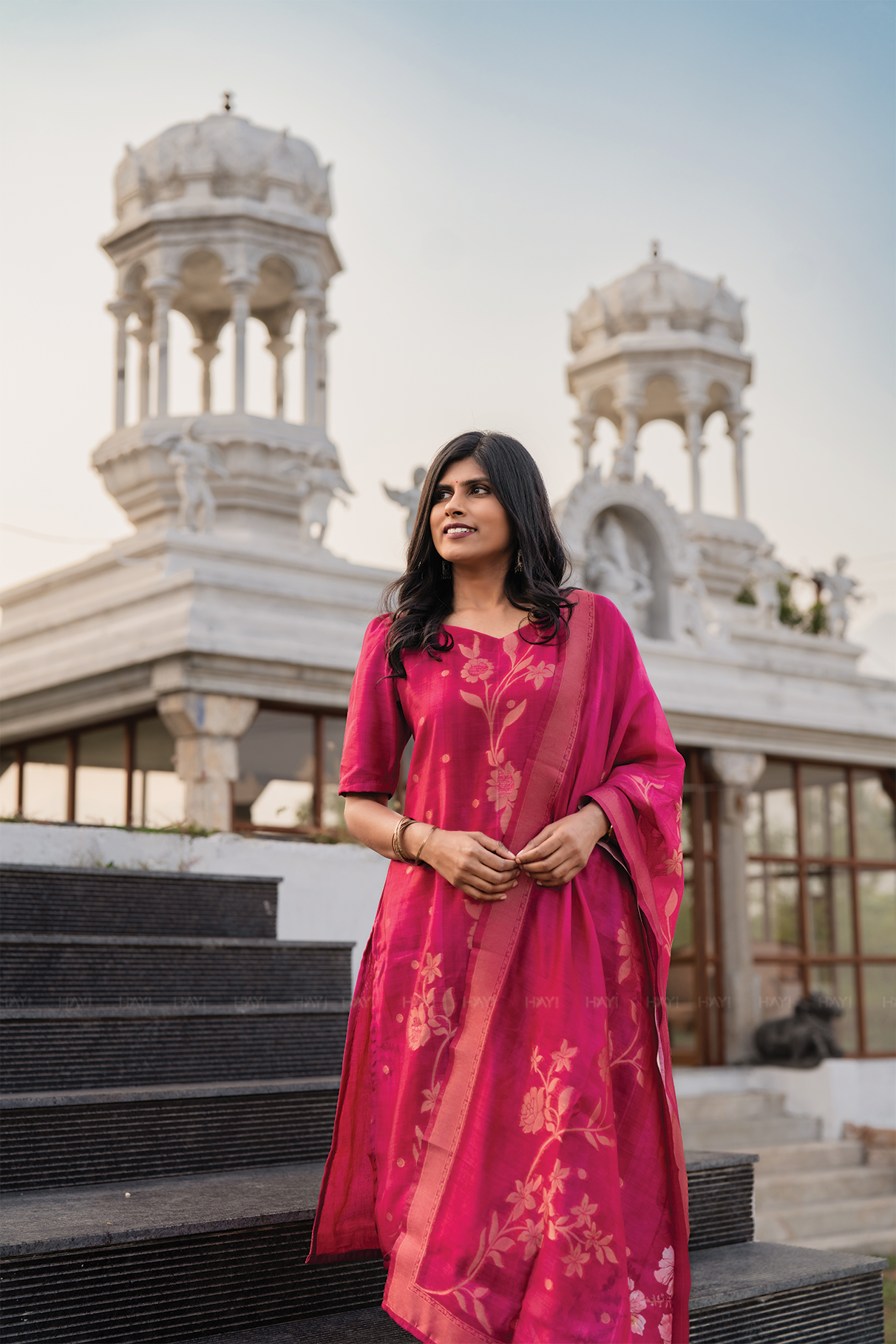 Rosewood Reddish Pink 3 Piece Jacquard Silk Blend Floral Placement Printed Kurta with Pant & Dupatta