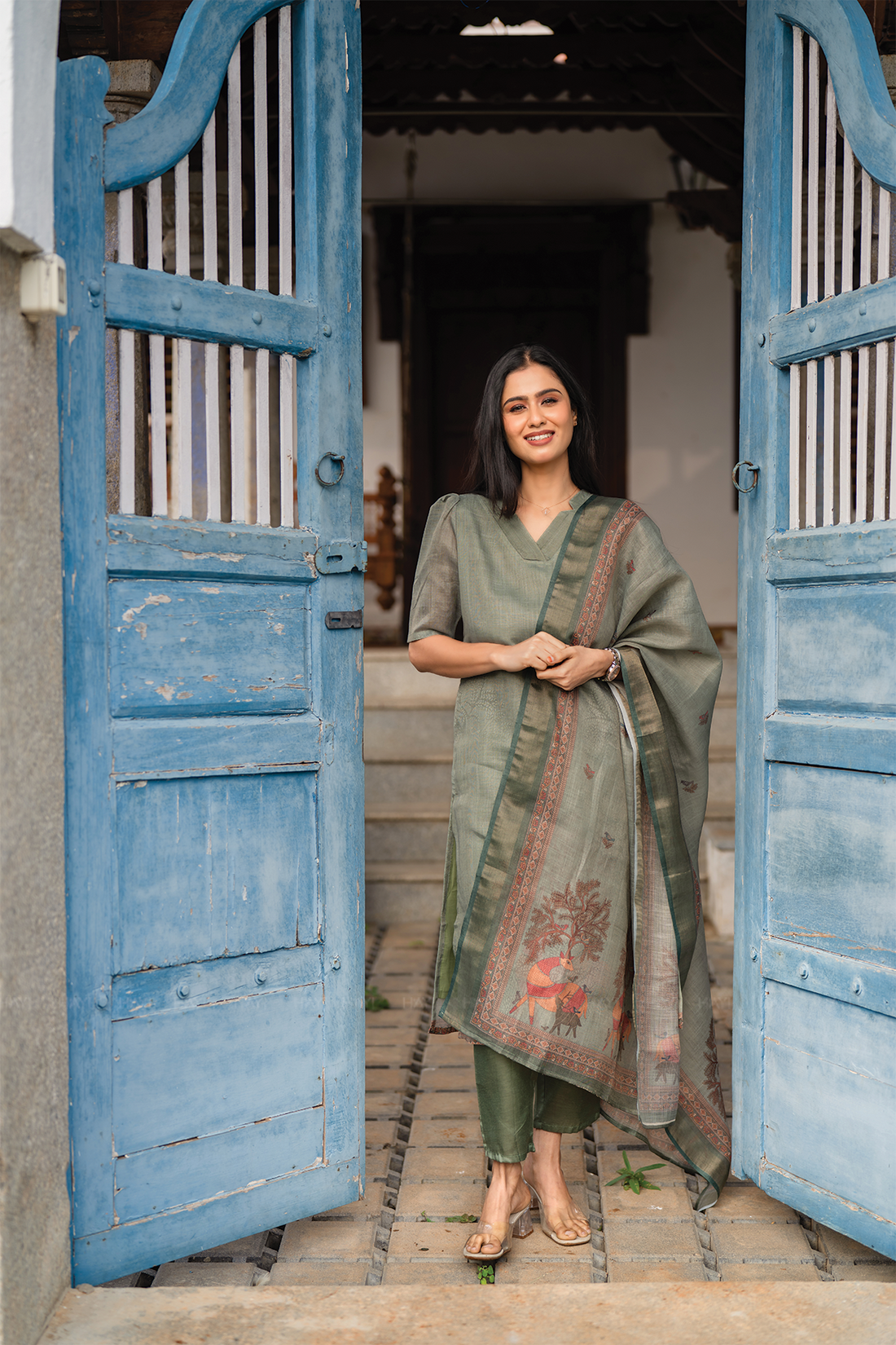 Mirga Green 3 Piece Linen Blend Printed Kurta with Pant & Dupatta