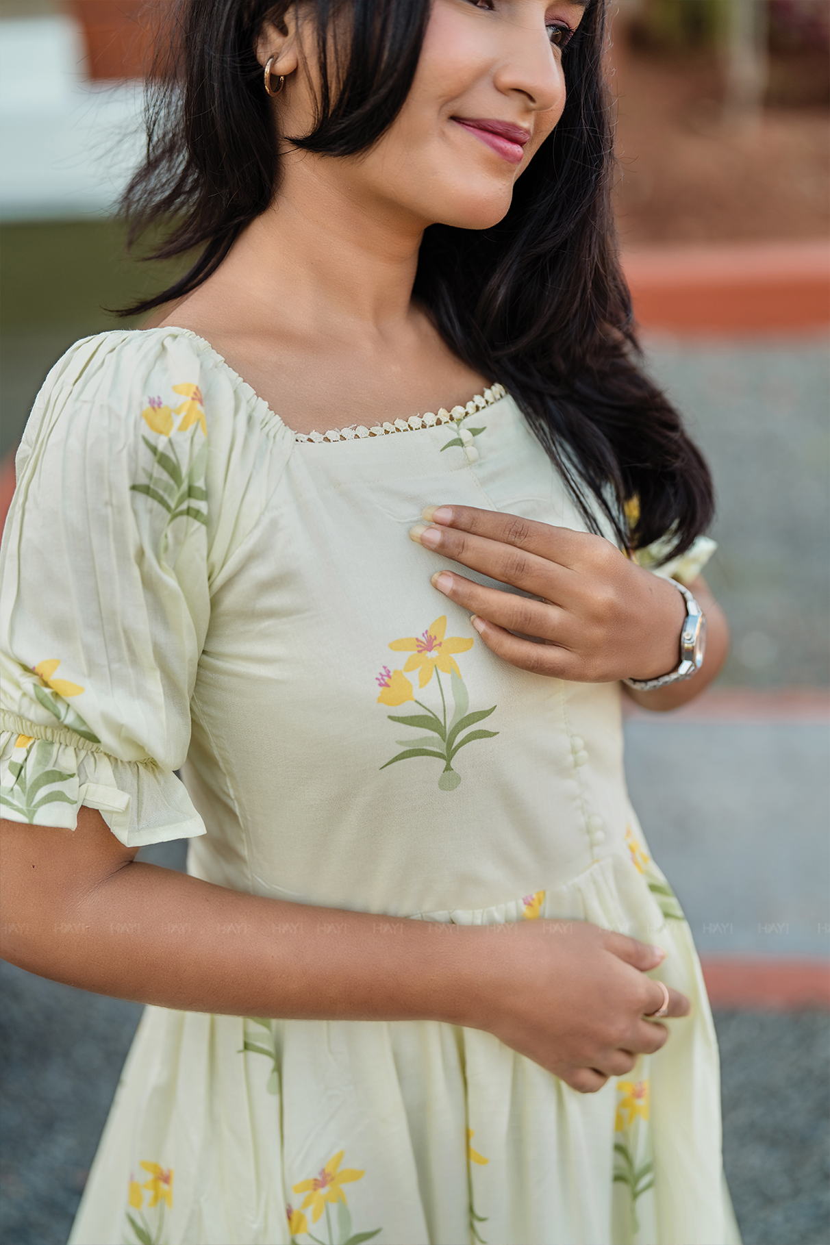 Florabelle Green Viscose Dress with Shoulder Elastic & Frill Sleeves