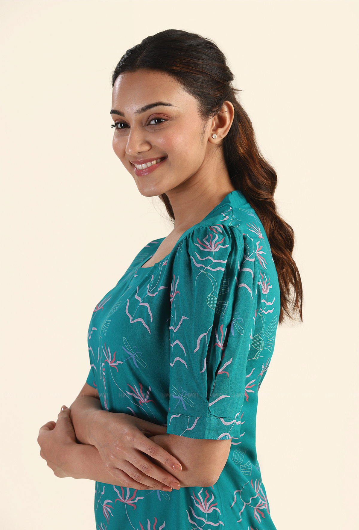 Botanical Teal Moss & Roses Viscose Kurta