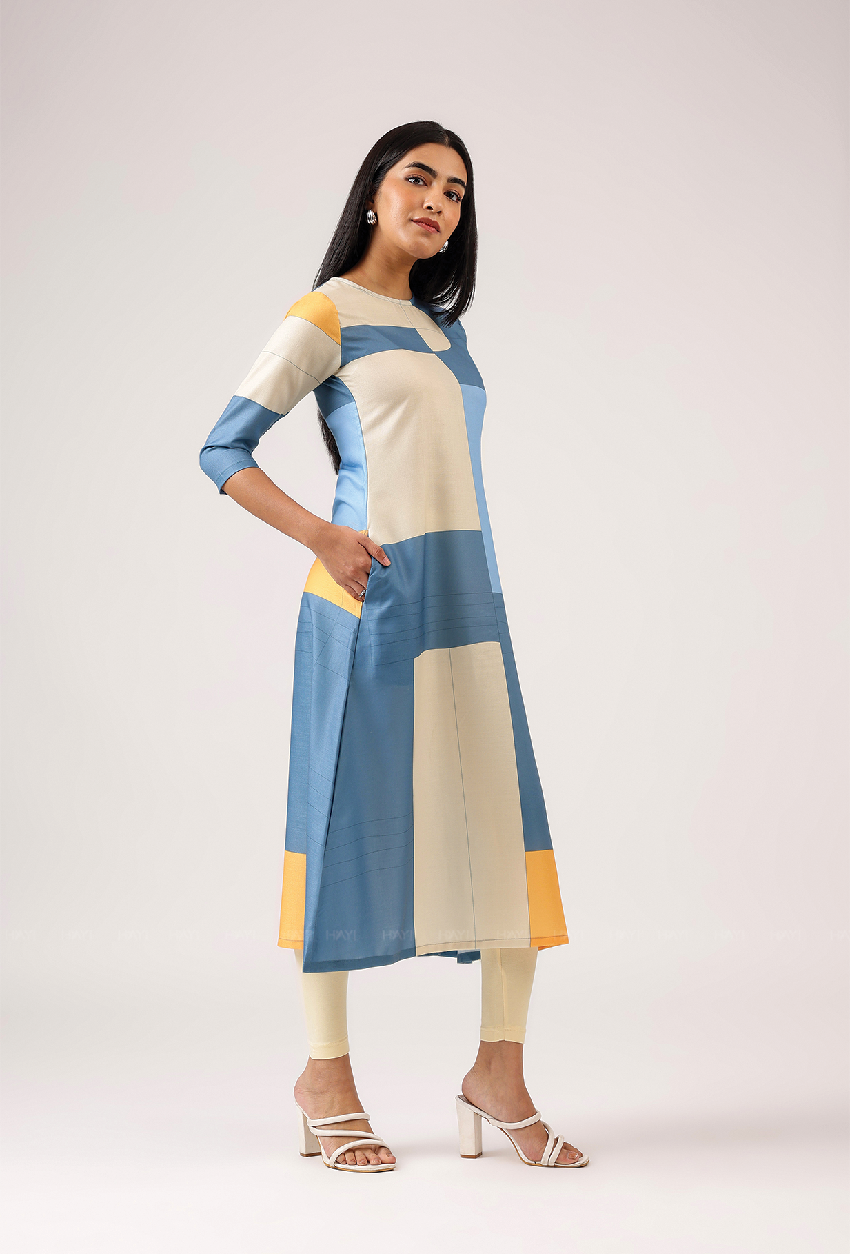 Cubed Blue with Grid Maze printed Linen Blend A-line Dress