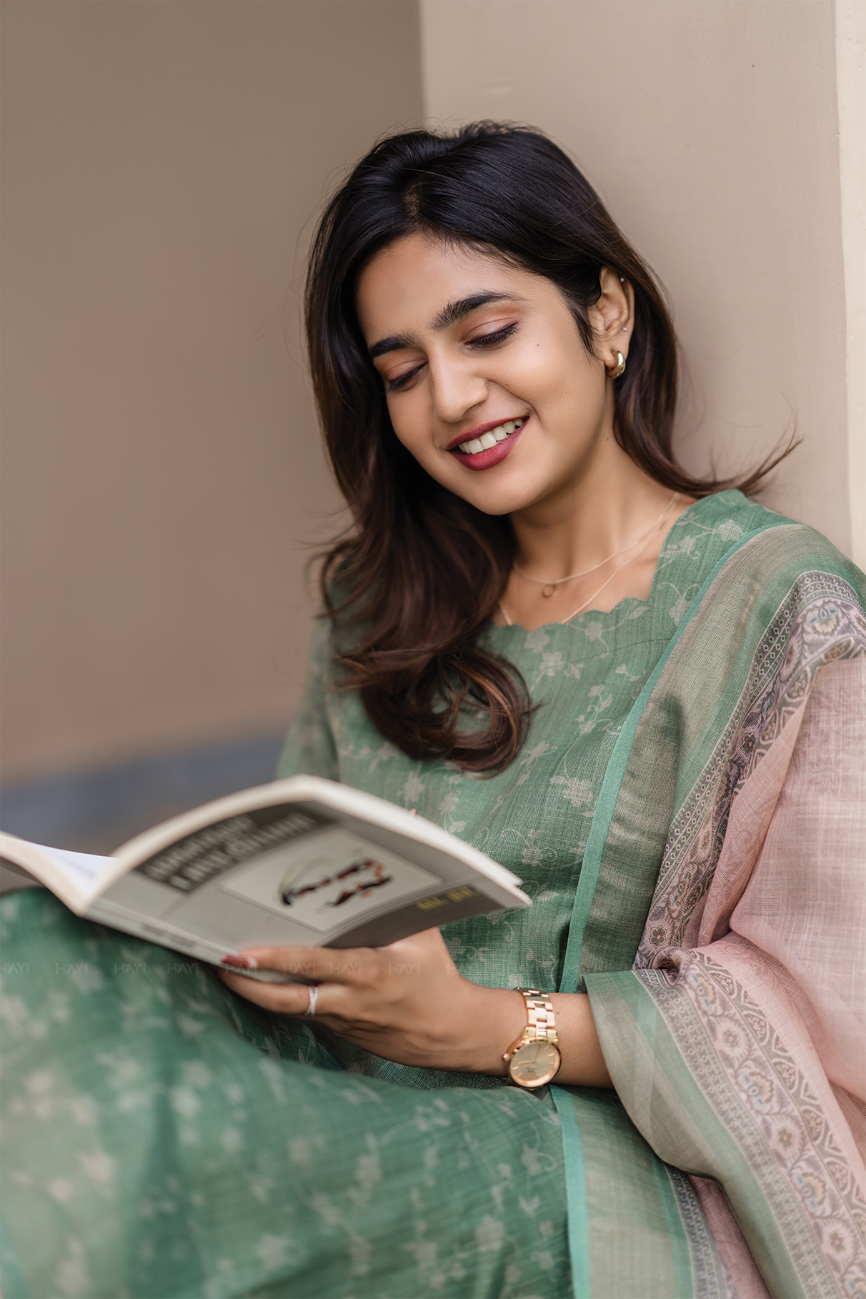 Virenya Green printed 2 Piece Linen Blend Kurta with Dupatta