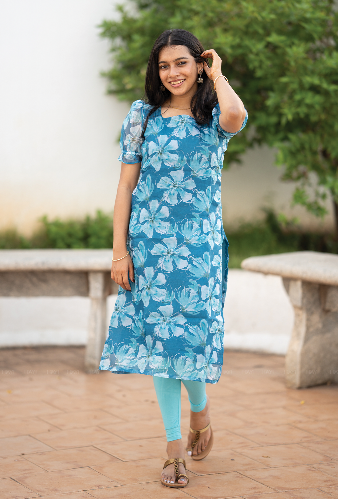 Seafoam Blue with Ocean Bloom floral Organza kurta