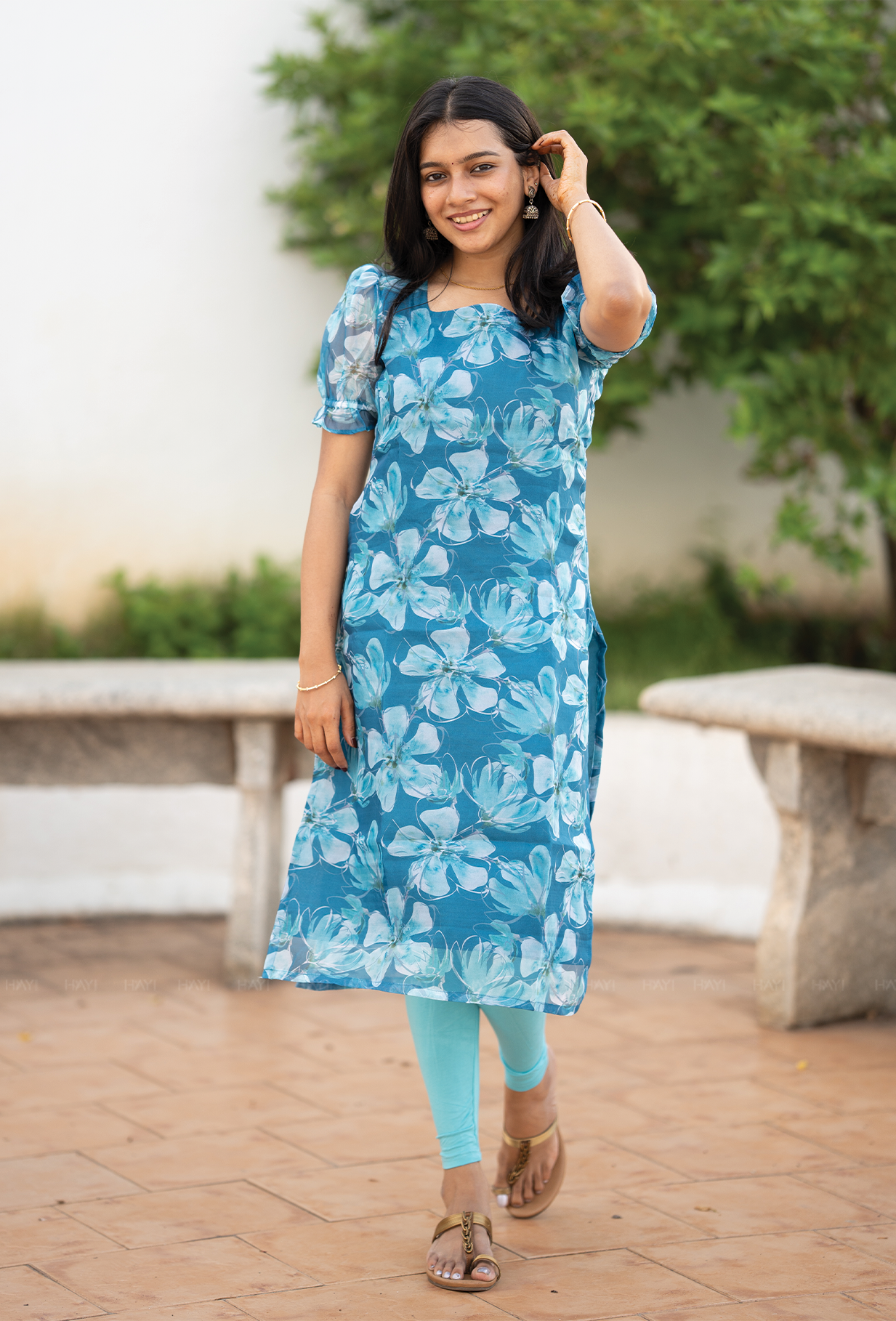 Seafoam Blue with Ocean Bloom floral Organza kurta