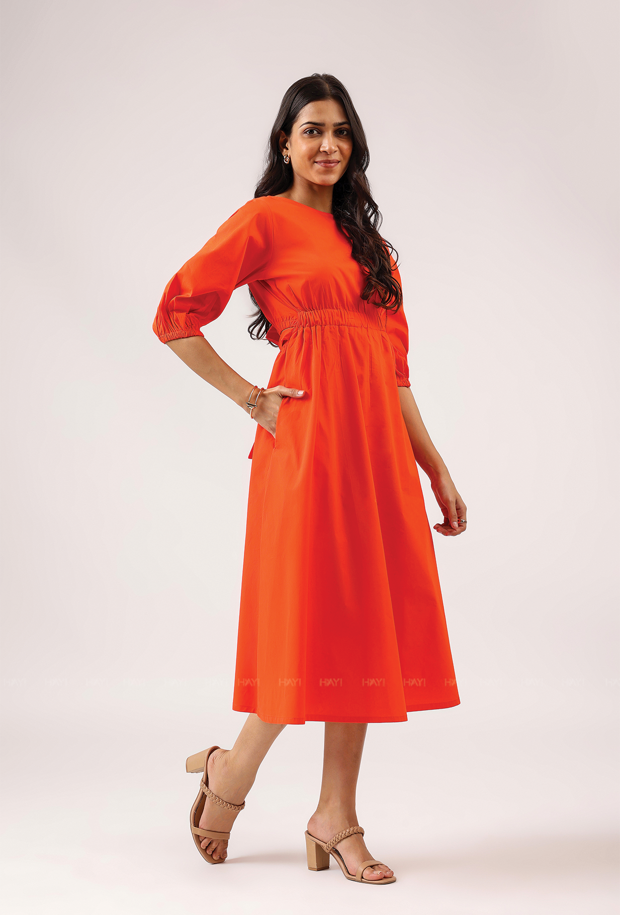 Crush Code Orange Boat Neck With Puff Sleeve Dress