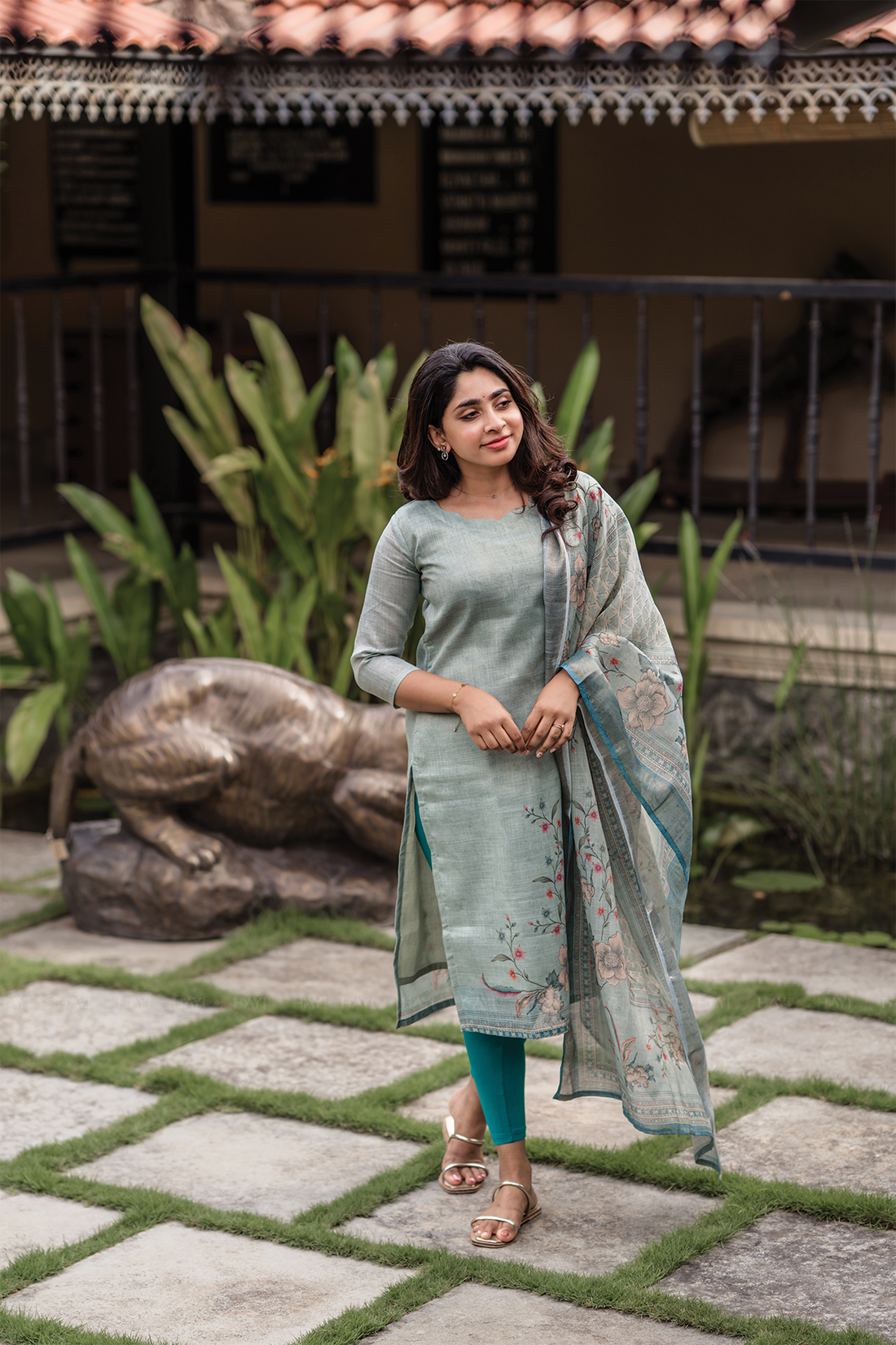 Tharisa Greyish Blue 3 Piece Shimmer Tissue Blend Placement Printed Kurta with Pant & Dupatta