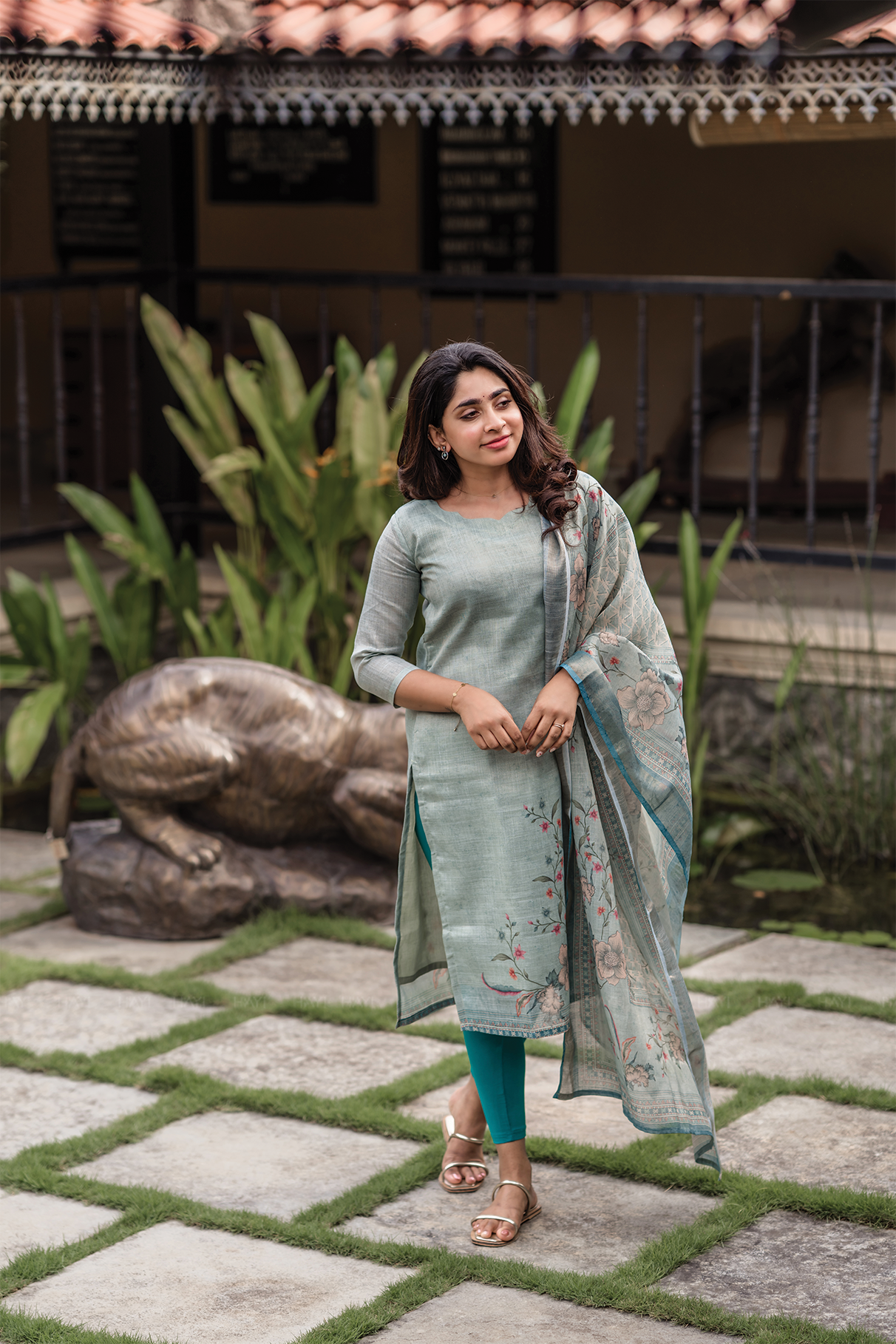 Tharisa Greyish Blue 3 Piece Shimmer Tissue Blend Placement Printed Kurta with Pant & Dupatta