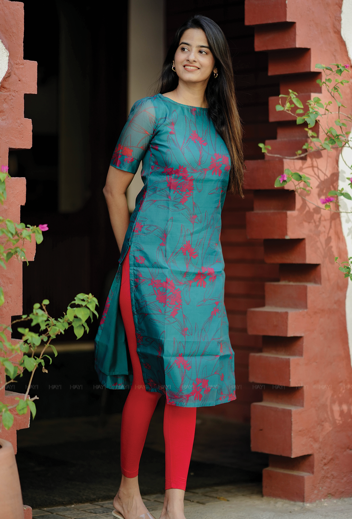 Zesty Teal with floral printed Organza kurta