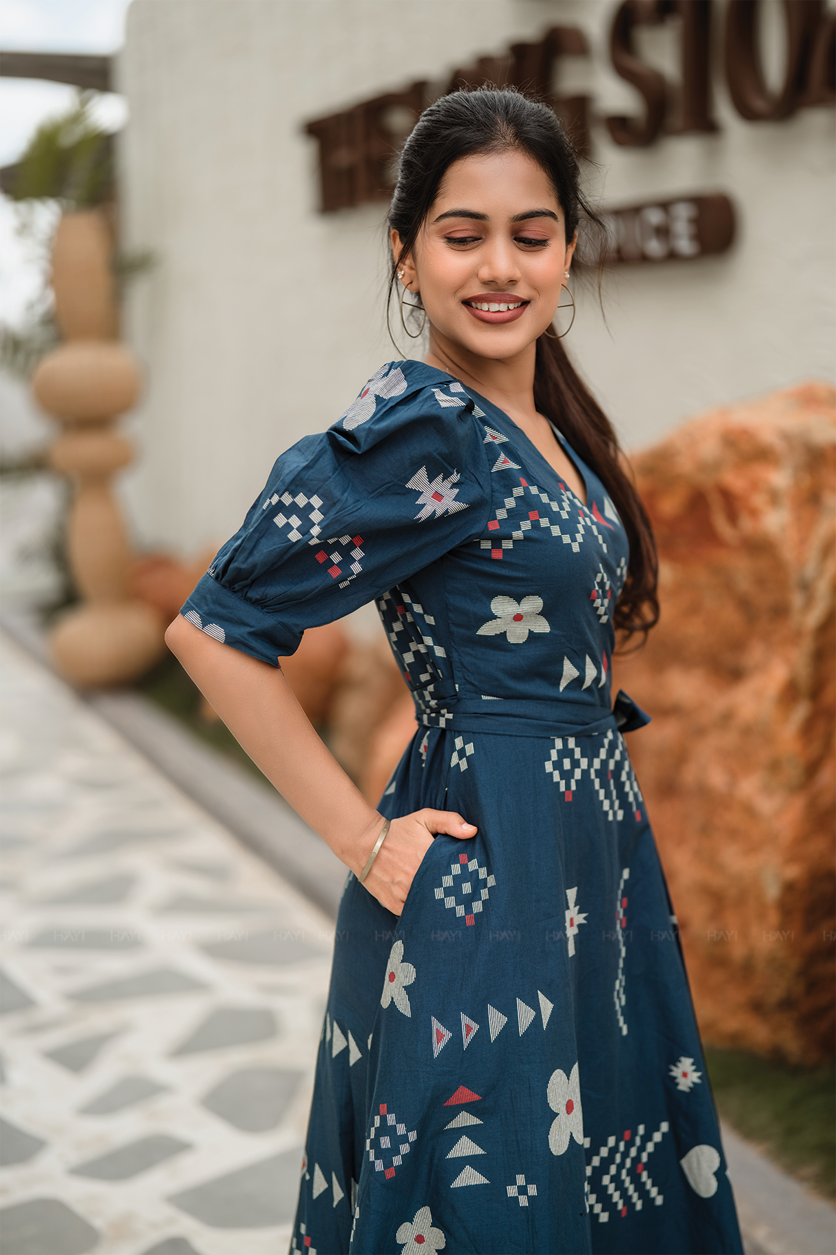 Navy Wrap Cotton Dress with V-Neckline Wraparound Style