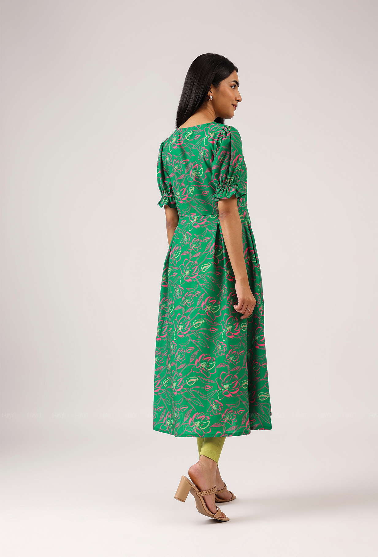 Ornate Green with Luminous Glimmer printed Cambric Blend Dress