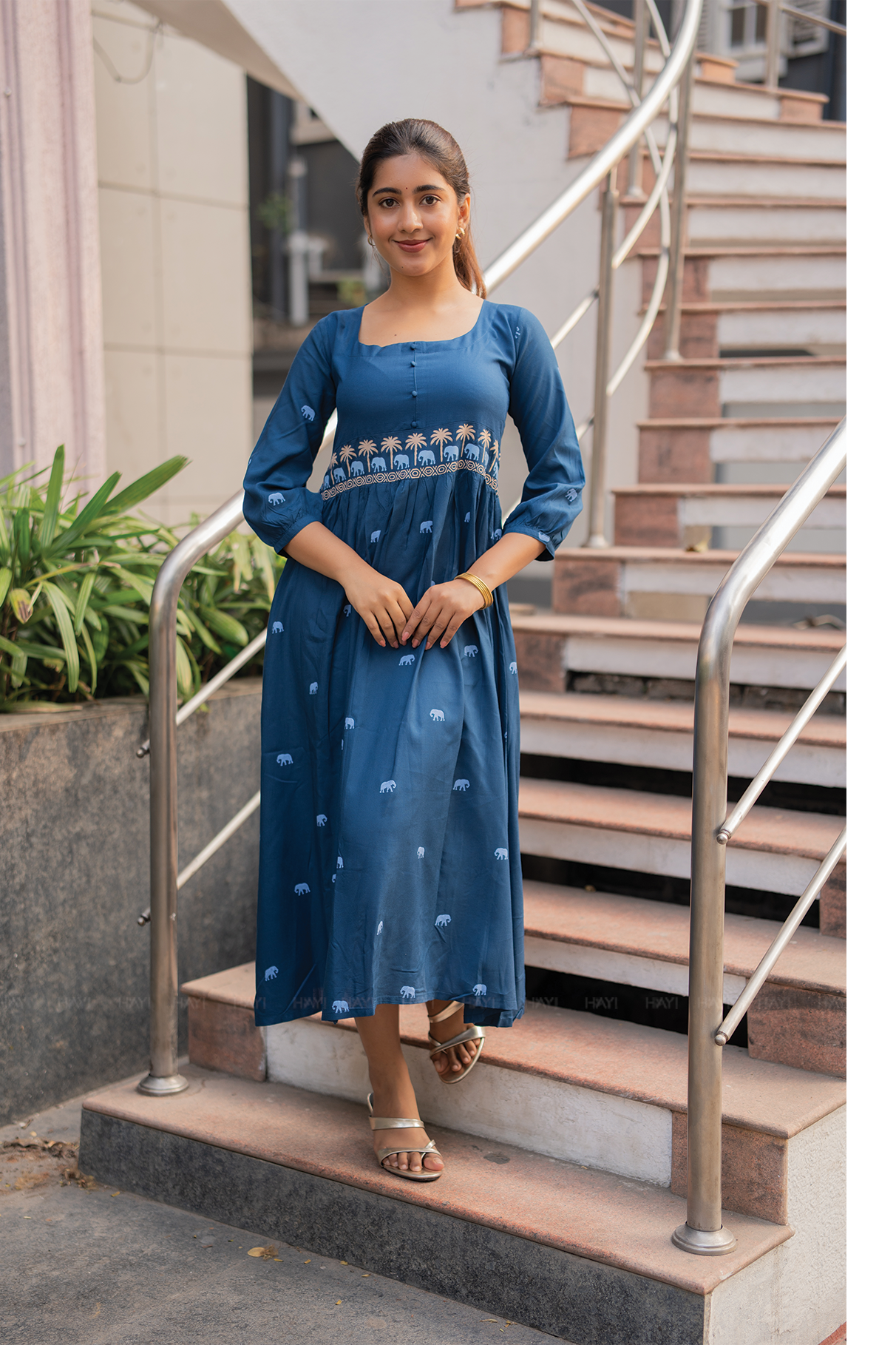 Tusker Tale Greyish Blue Viscose Dress with Round Square Neckline & 3/4th Sleeves