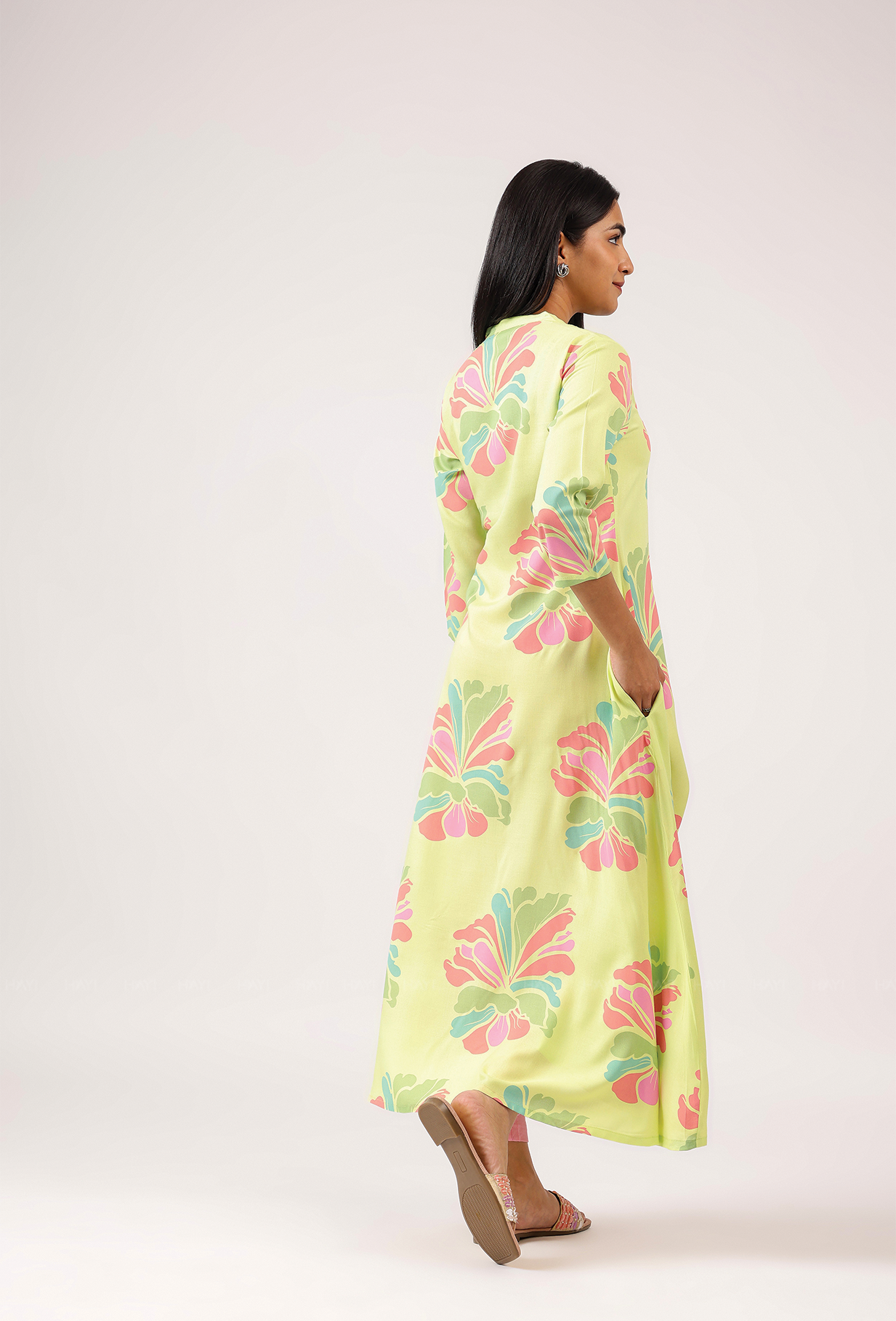 Gentle Lime with Blush Breeze printed Viscose A-line Dress