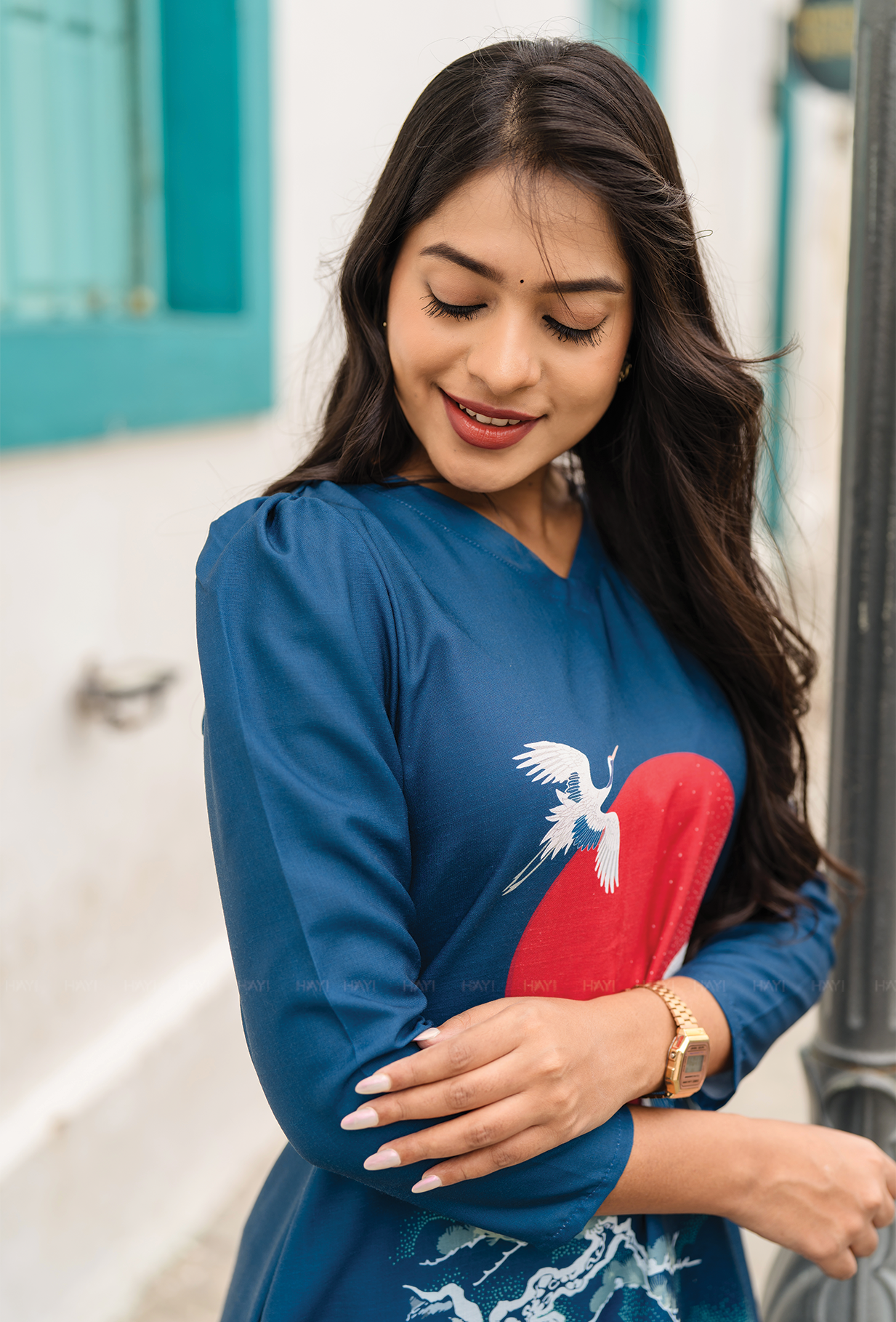 Ascent Blue with Cranes Embrace printed Linen Blend Co-ords