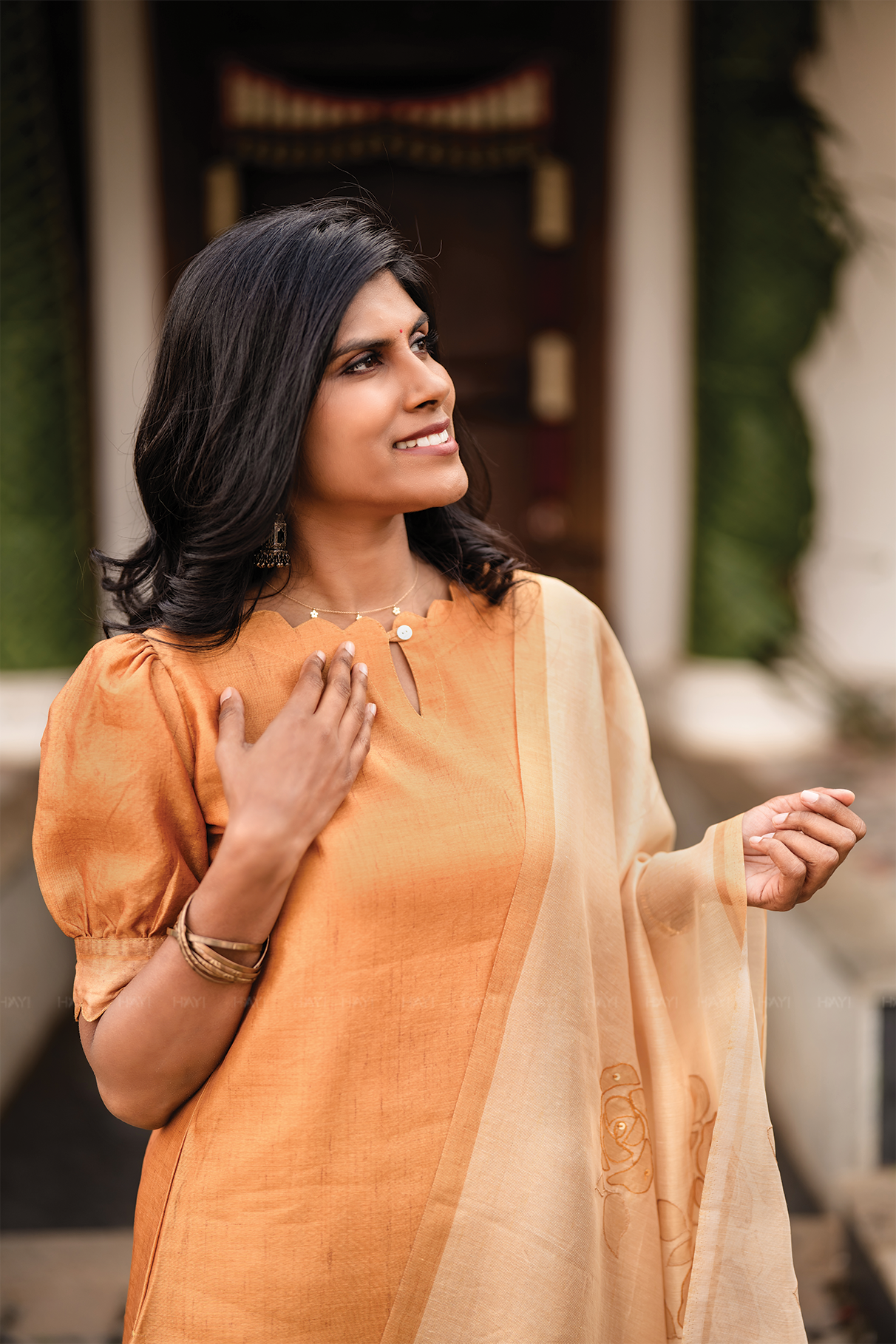 Aurel Yellow 3 Piece Tussar Silk Blend Printed Kurta with Pant & Dupatta