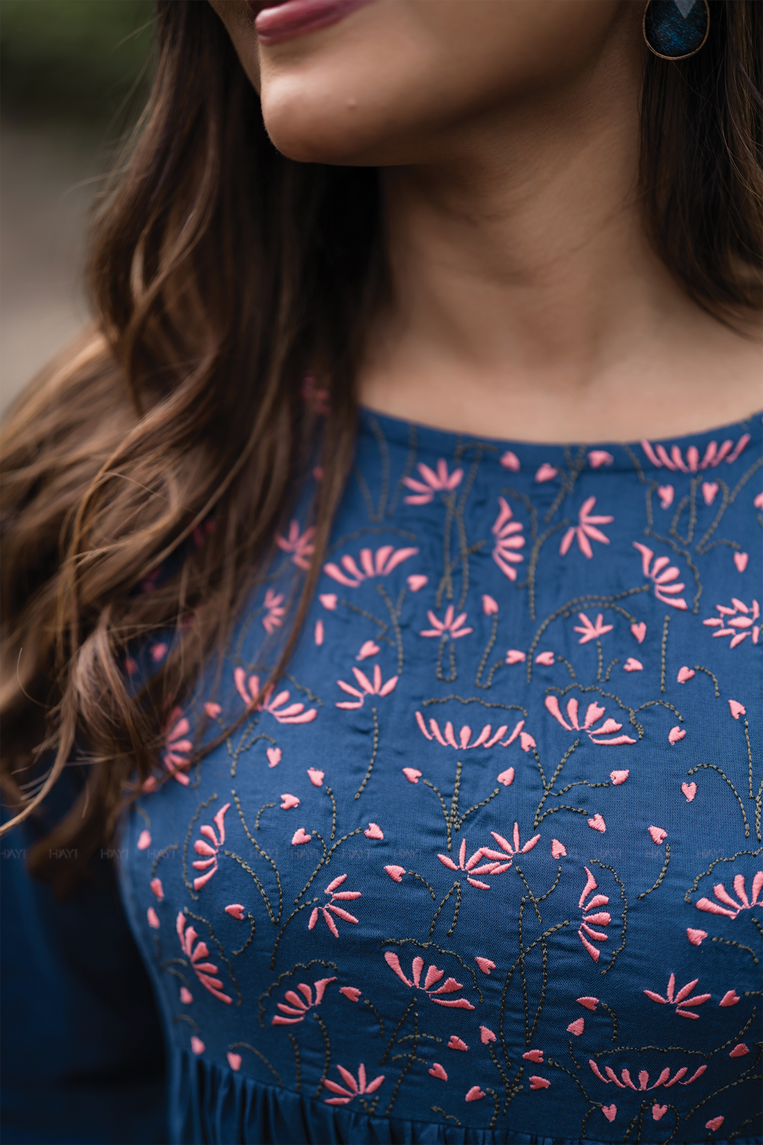 Midtown Minimal Blue Viscose Dress with Close Neck and Embroidery