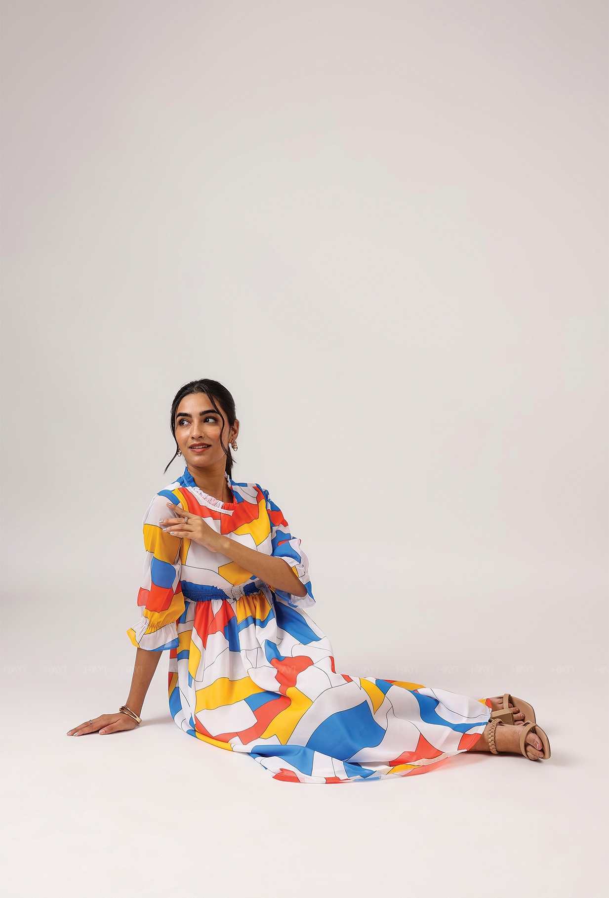 Prism White with Cubist Charm printed Lux Georgette Dress