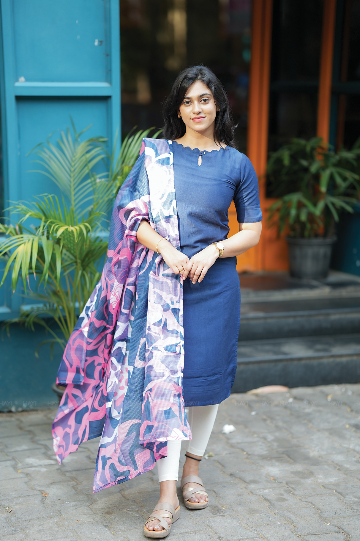 Blue Vibrant Petals printed 2 Piece Silk Blend Kurta with Dupatta