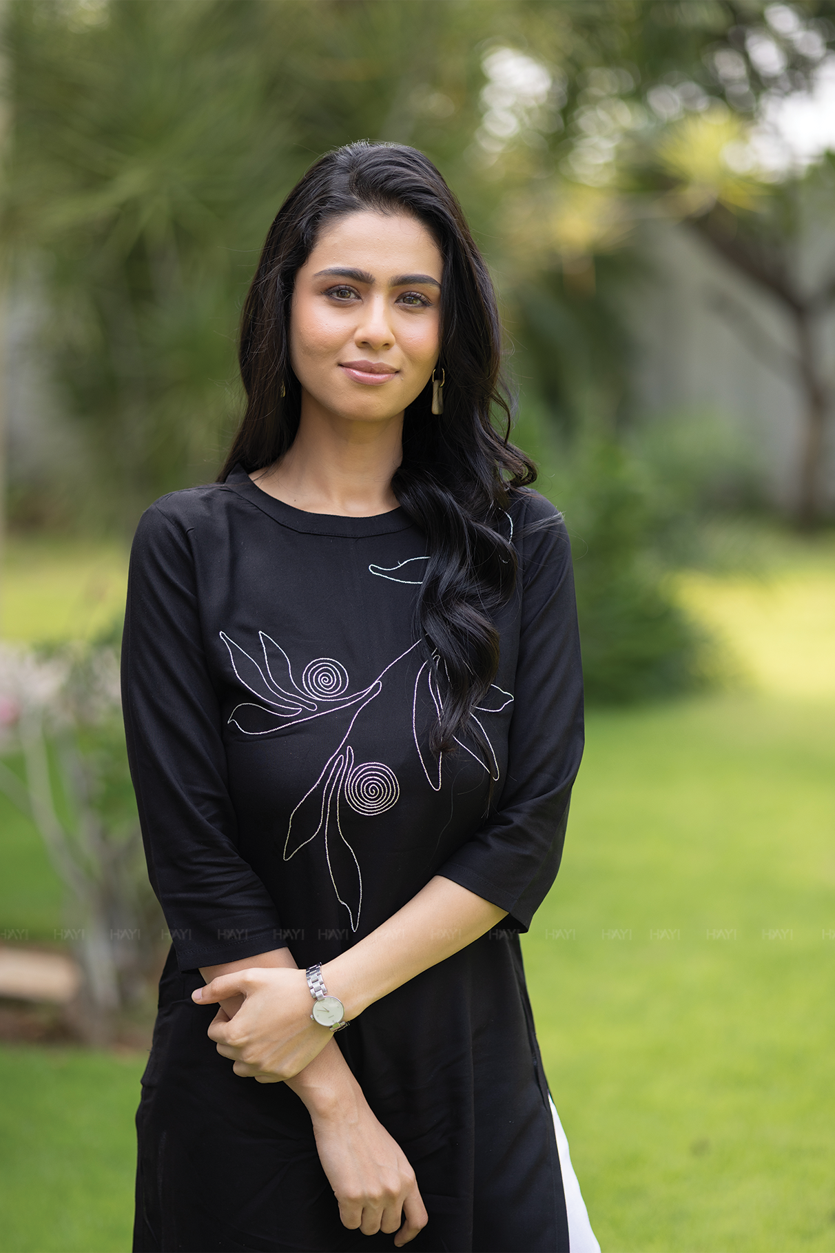 Dusk Noir Black Viscose Kurti with Closed Neck & 3/4th Sleeves