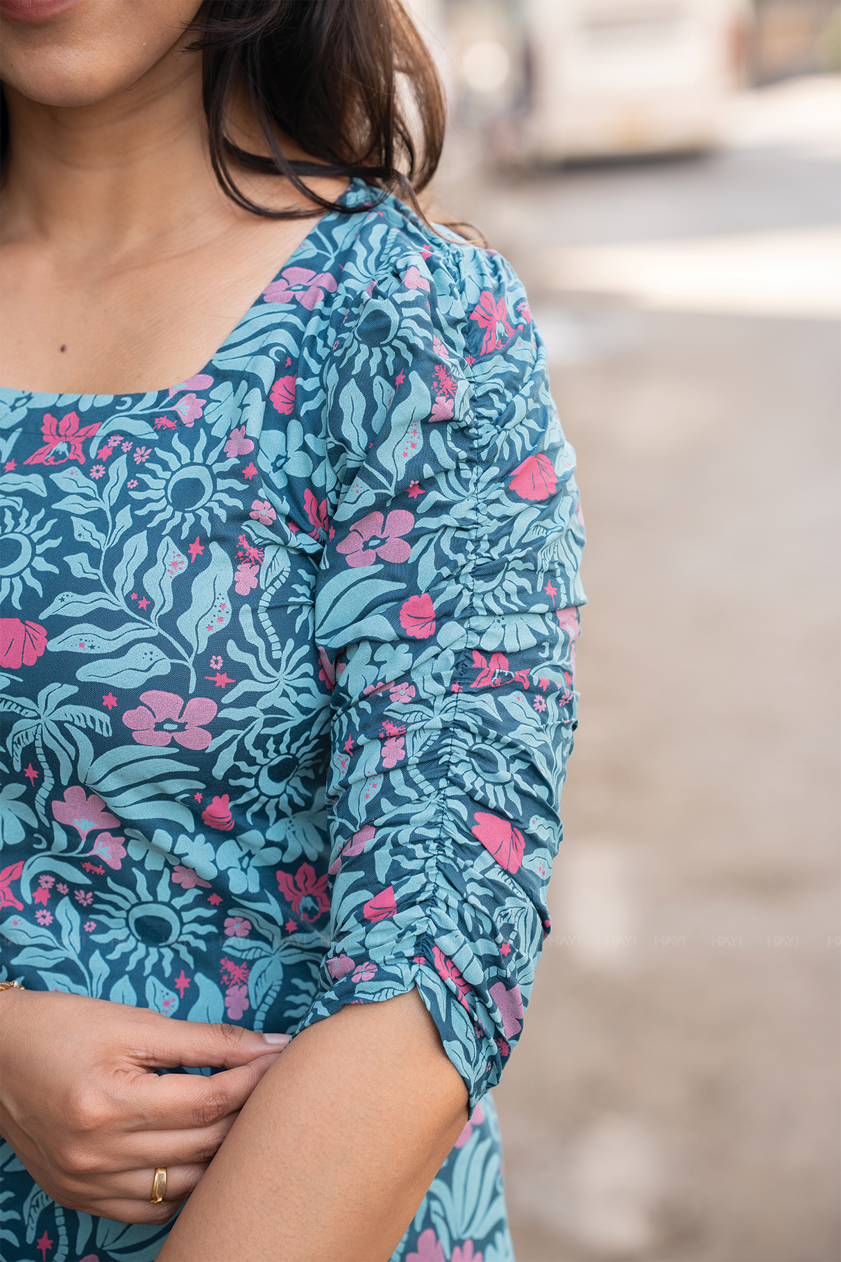 Lunar Muse Green Viscose Blend Kurti with Curved Square Neck & Elbow Ruched Sleeves