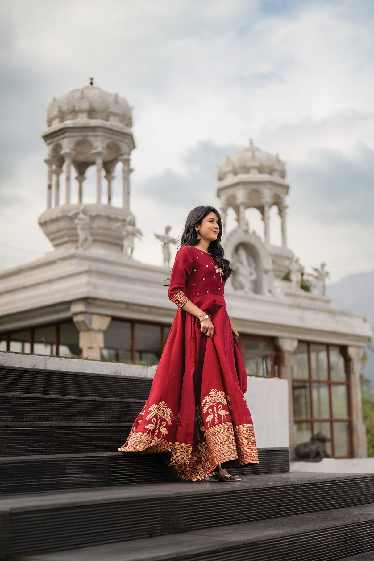 Palm Lustre Deep Red Viscose Placement Print Embroidered Anarkali with Round Neck & 3/4th Sleeves