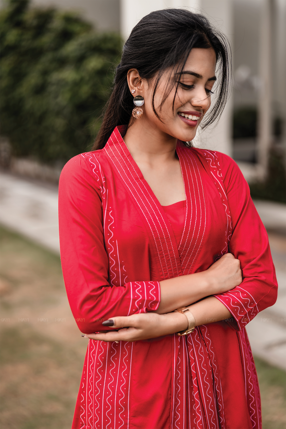 Red Muse Viscose Blend A-line Dress with V-Neck & 3/4th Sleeves