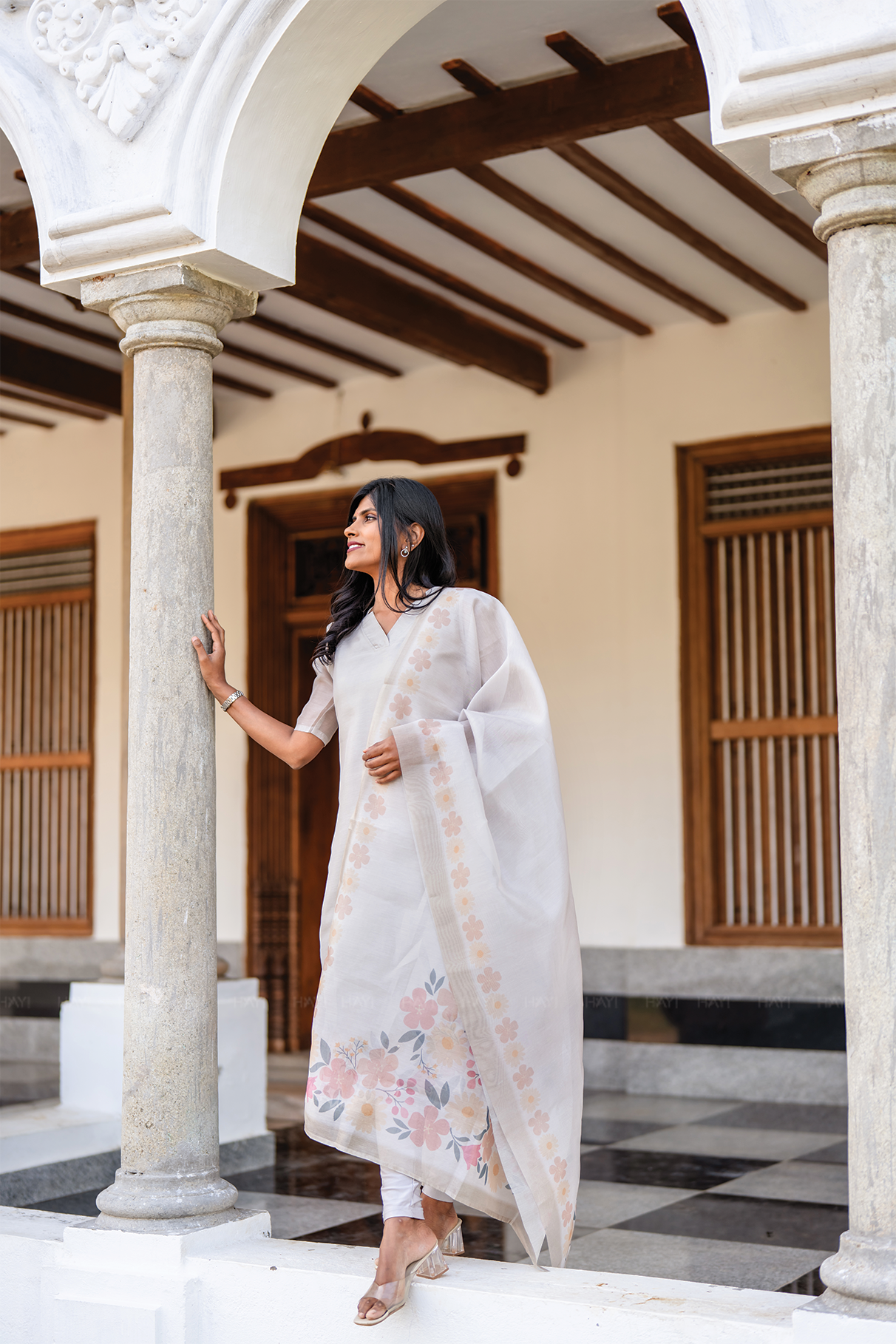 Silver Blossom 3 Piece Silk Blend Hand Embroidery Kurta with Pant & Dupatta