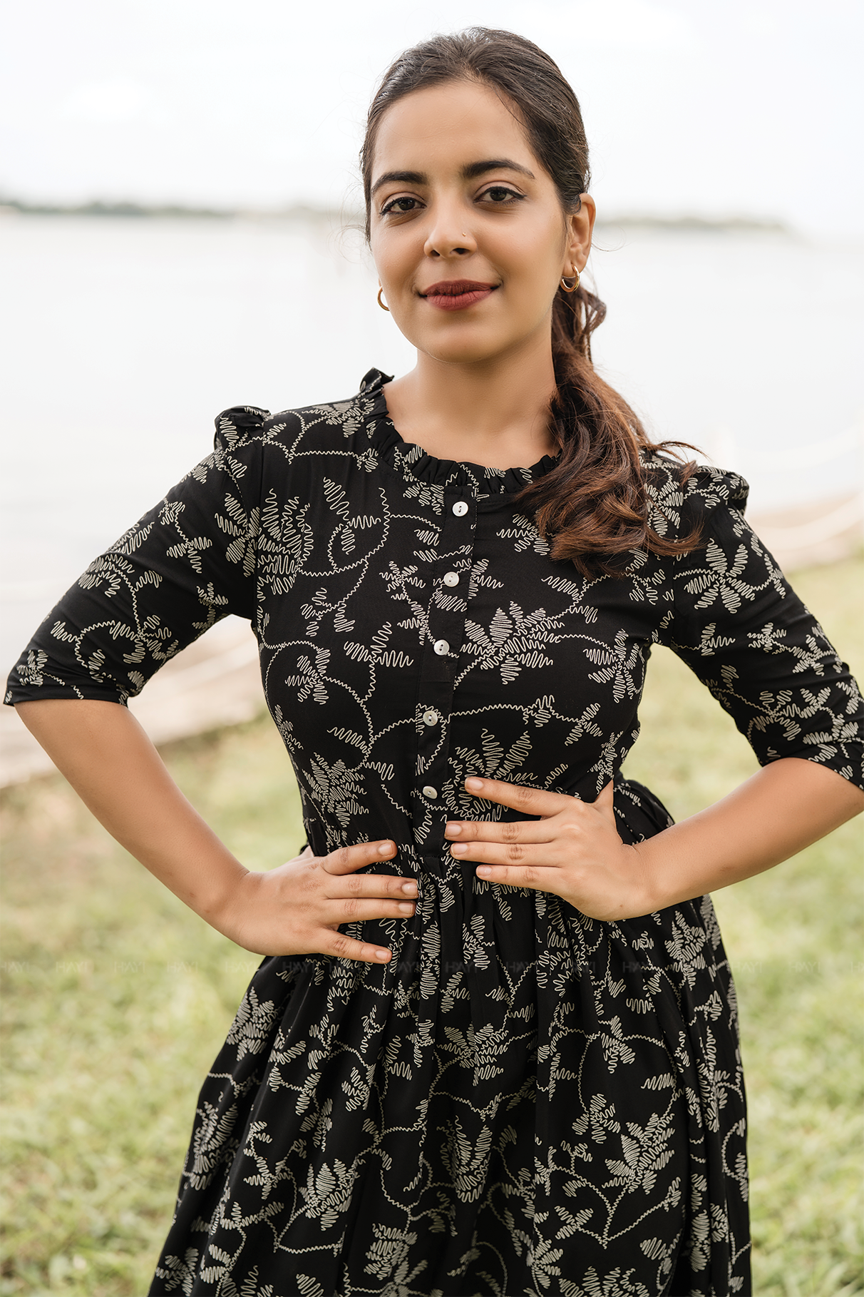 Regal Black with Molten Vines floral Printed Maternity and Feeding Viscose Dress