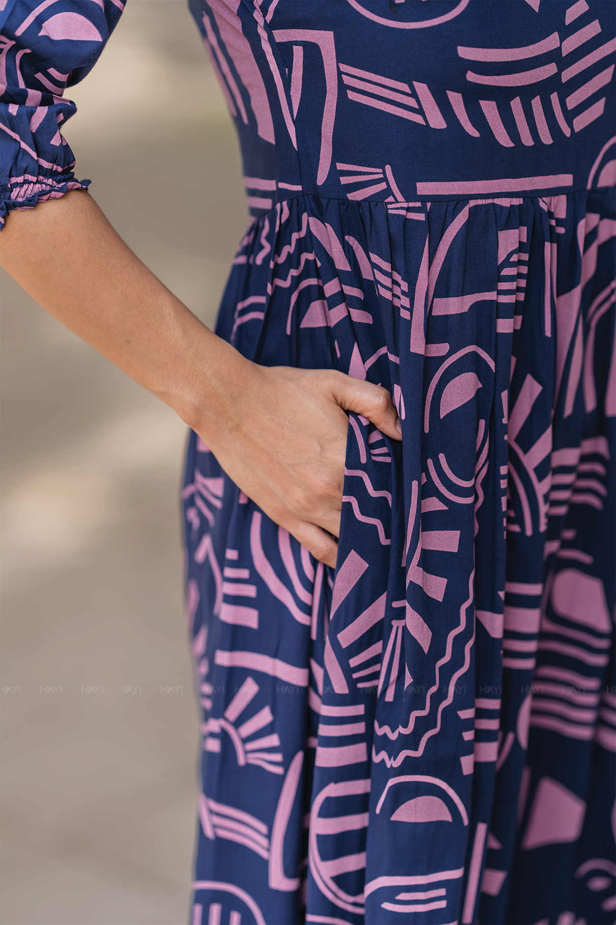 Geometric Whispers Blue Viscose Dress with Keyhole