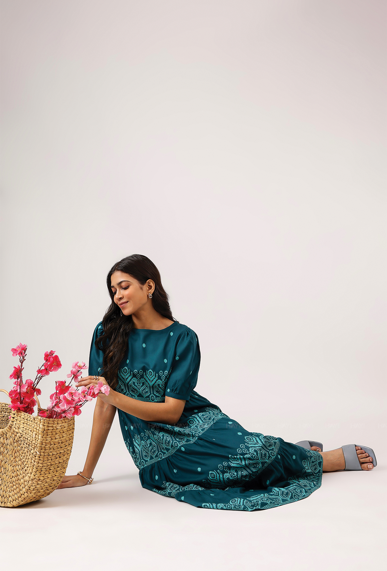 Fiesta Teal Green with Carnival Ikat printed Viscose Dress