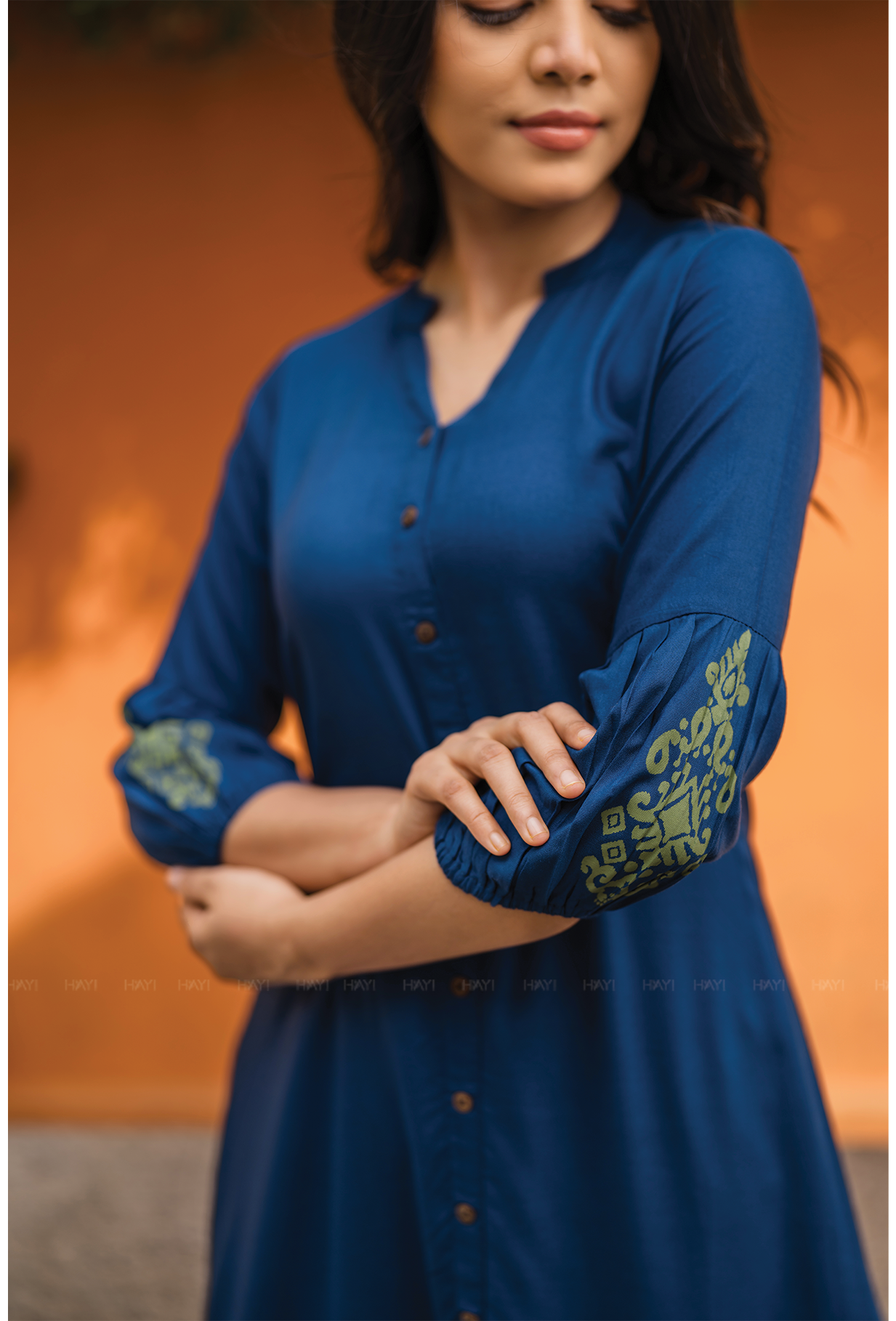 Indigo Heron with green printed Viscose Dress