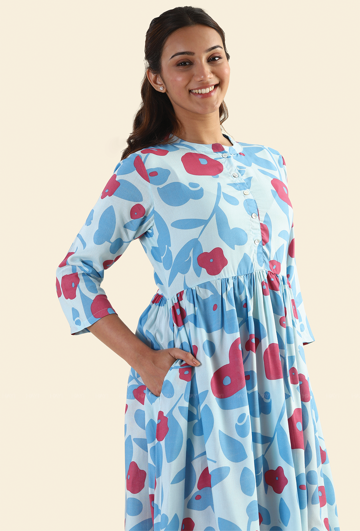 Shuttered Blue Fragmented Flowers Printed Viscose Dress