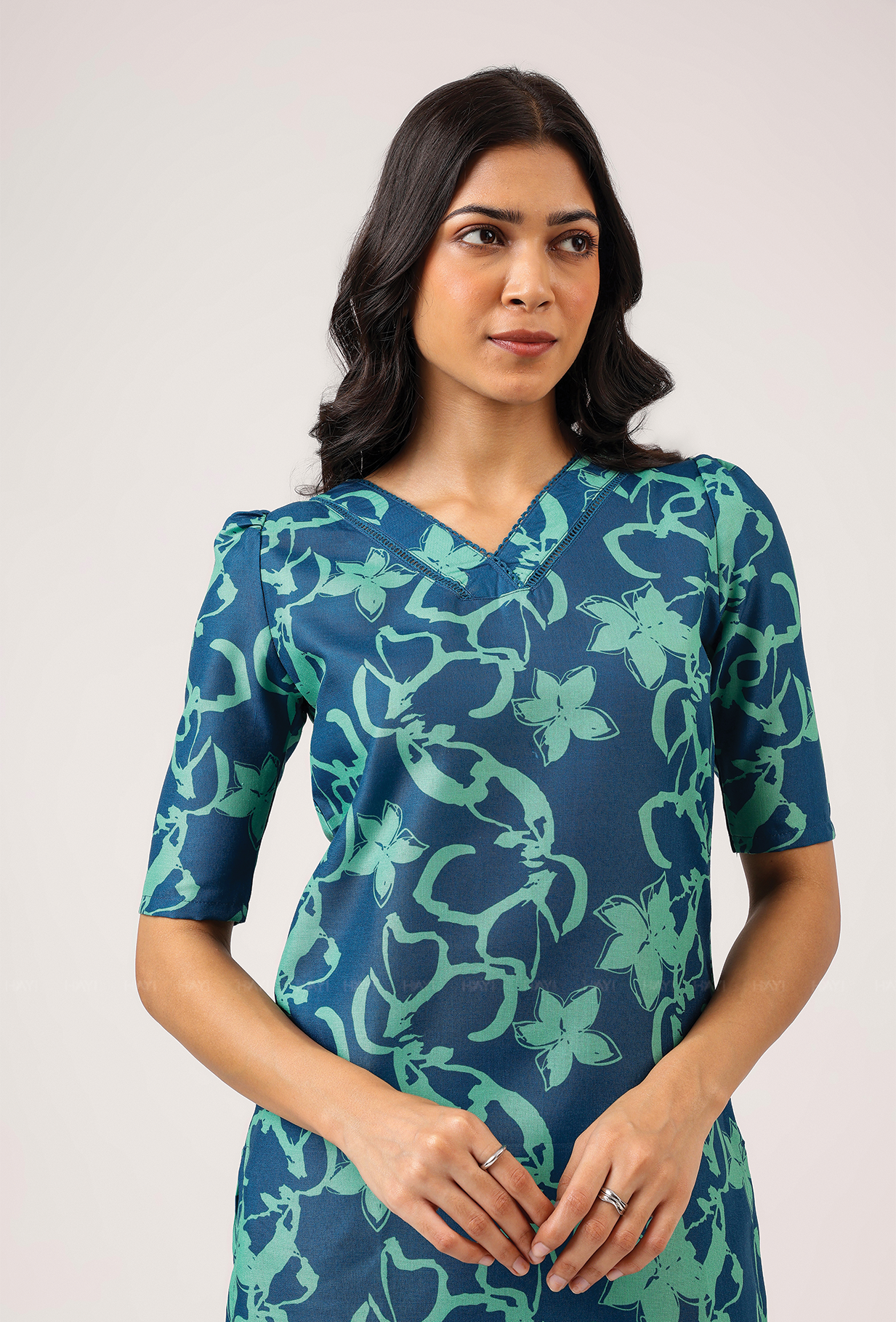 Cyan Teal Blue with Turquoise Petals printed Linen Blend Co ord set