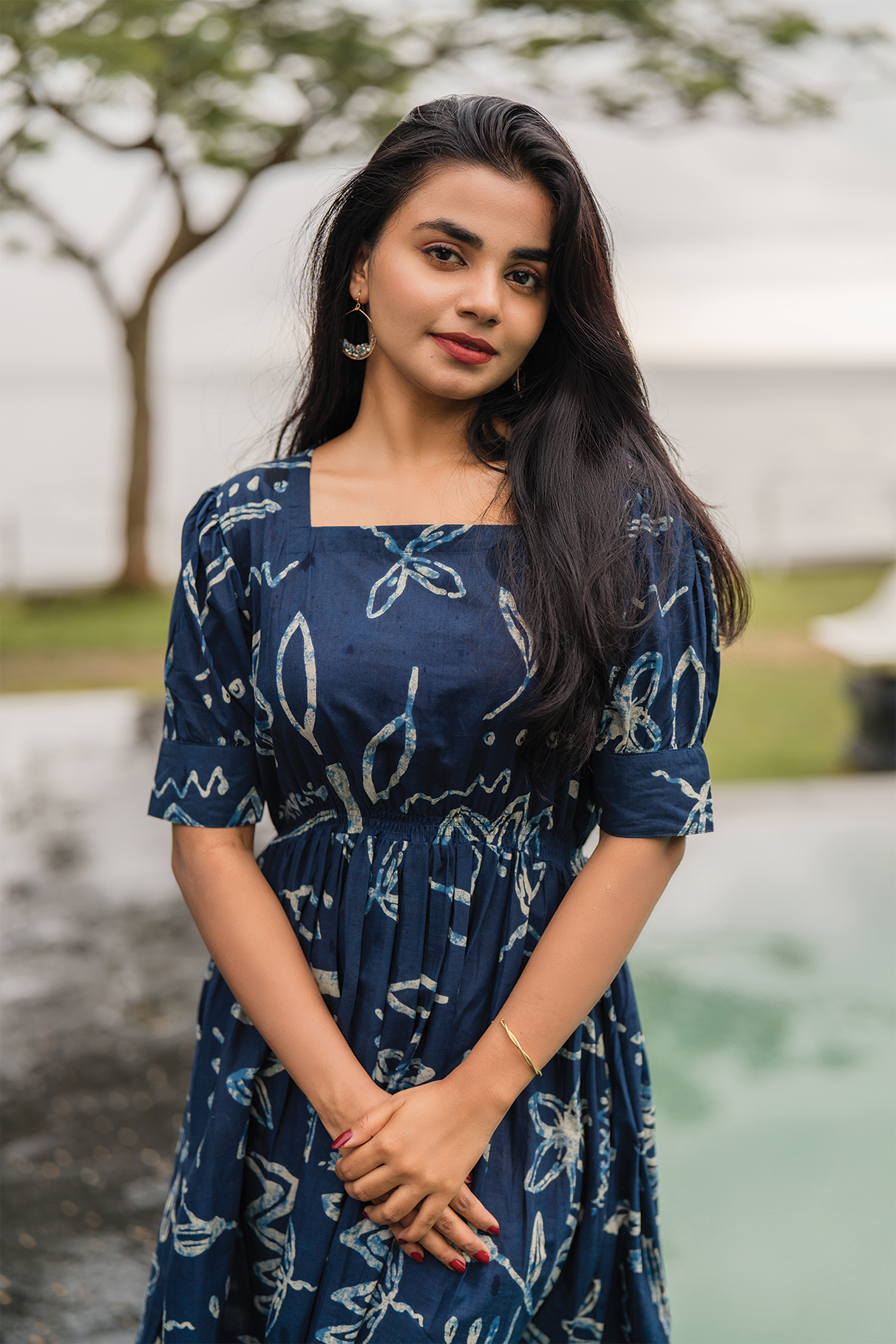 Celestial Dream Blue Cotton Dress with Rounded Square Neck