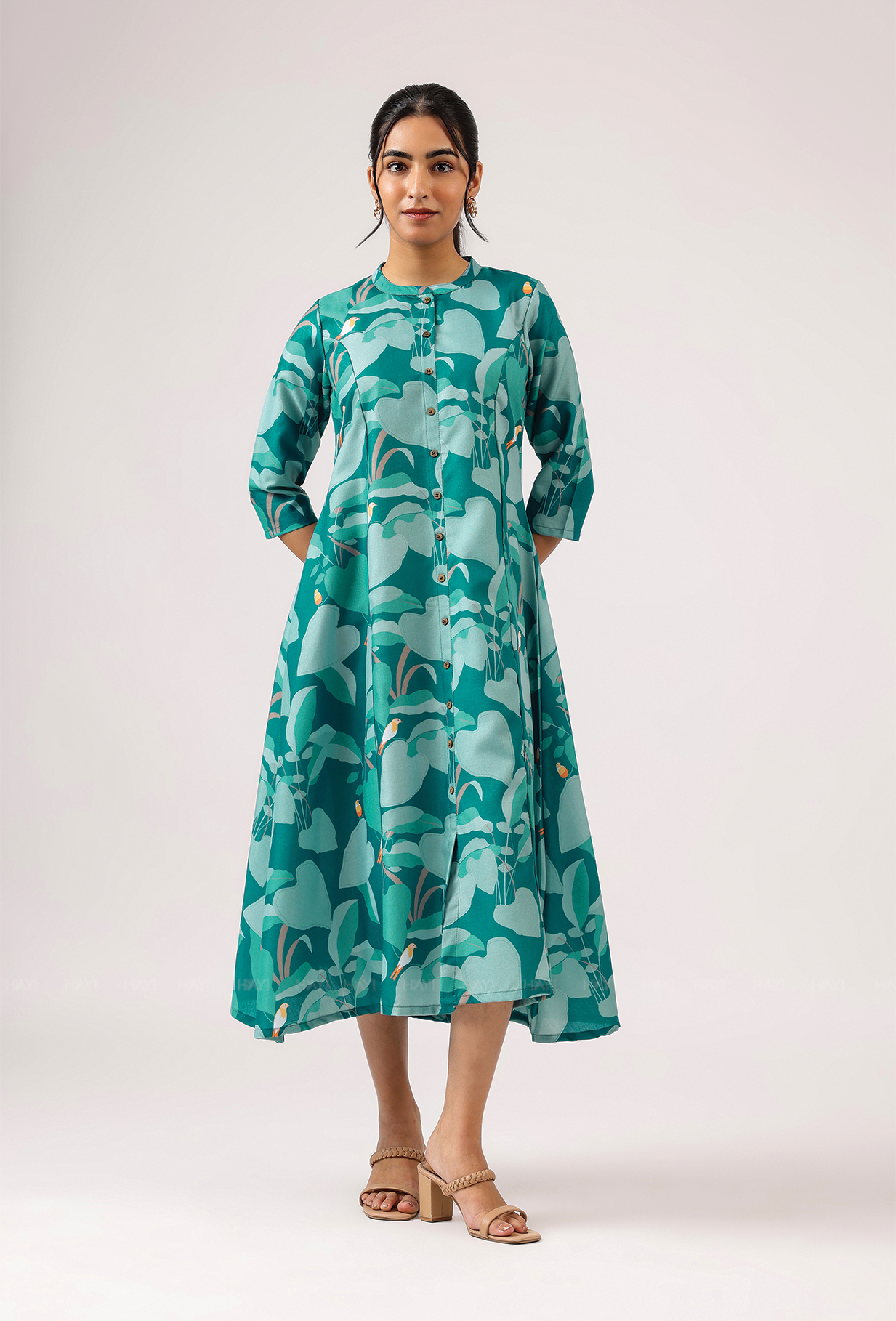 Mosaic Green with Dreamy Forest printed Linen Blend A-line Dress
