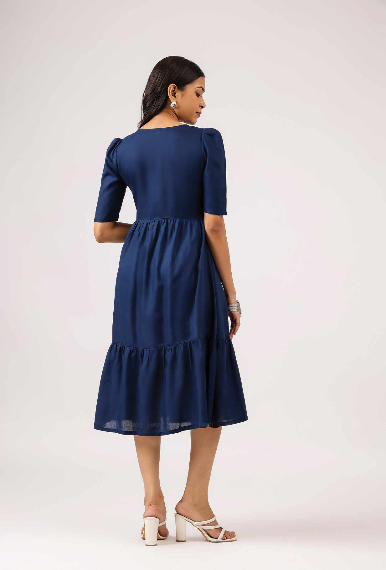 Dark Blue with Hovering Dreams floral Embroidery Viscose Dress