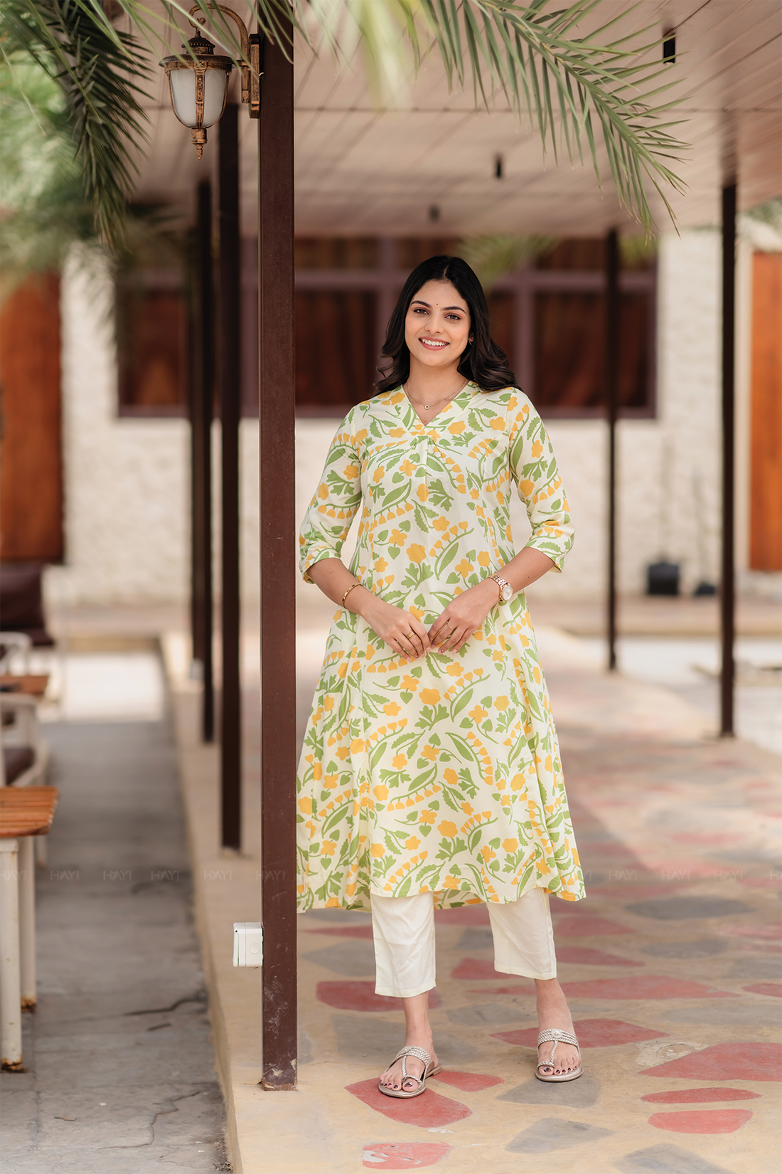 Spring Light Yellow Viscose Co-ord with V-Neckline Floral Print & 3/4th Sleeves